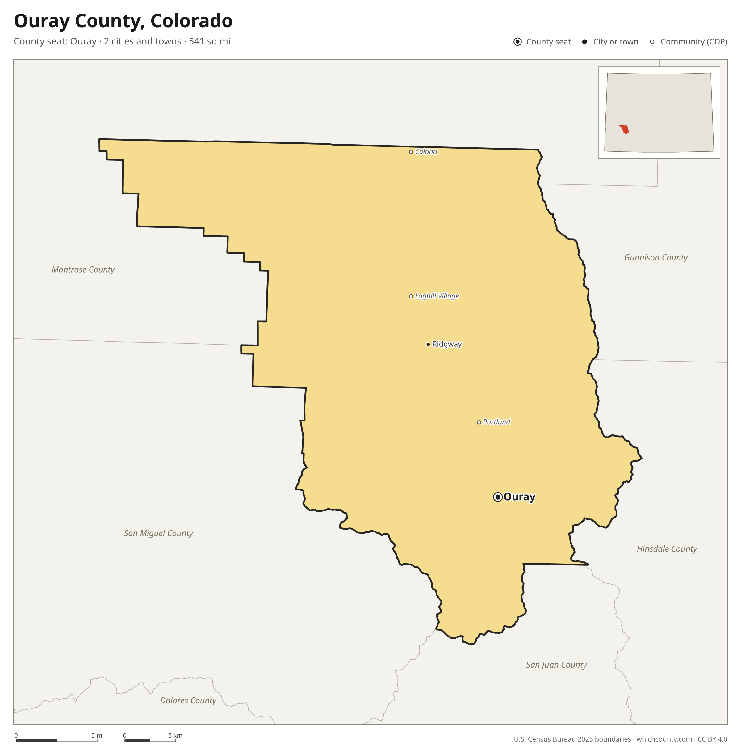 Map of Ouray County, Colorado with cities, towns and the county boundary