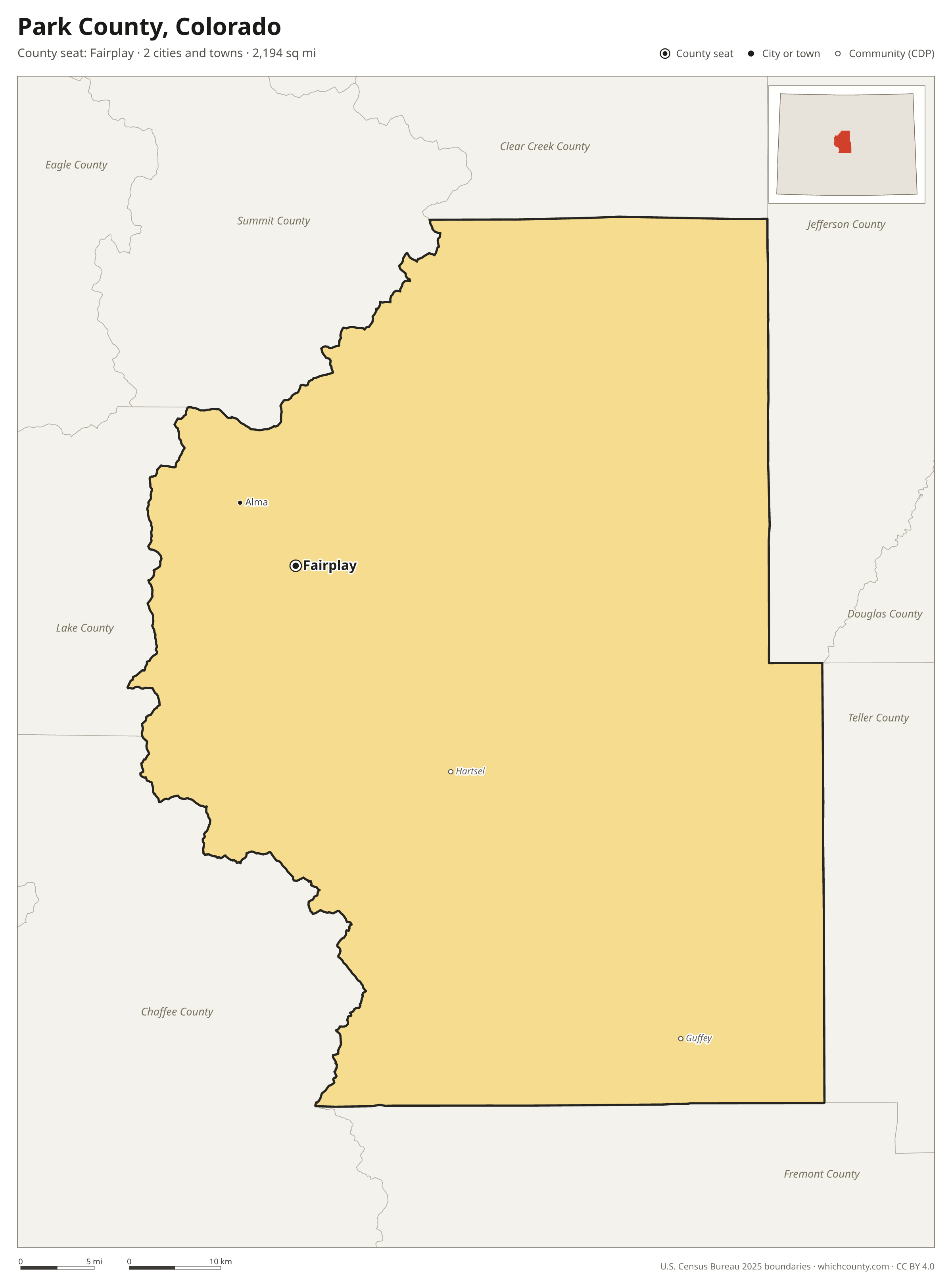 Map of Park County, Colorado with cities, towns and the county boundary