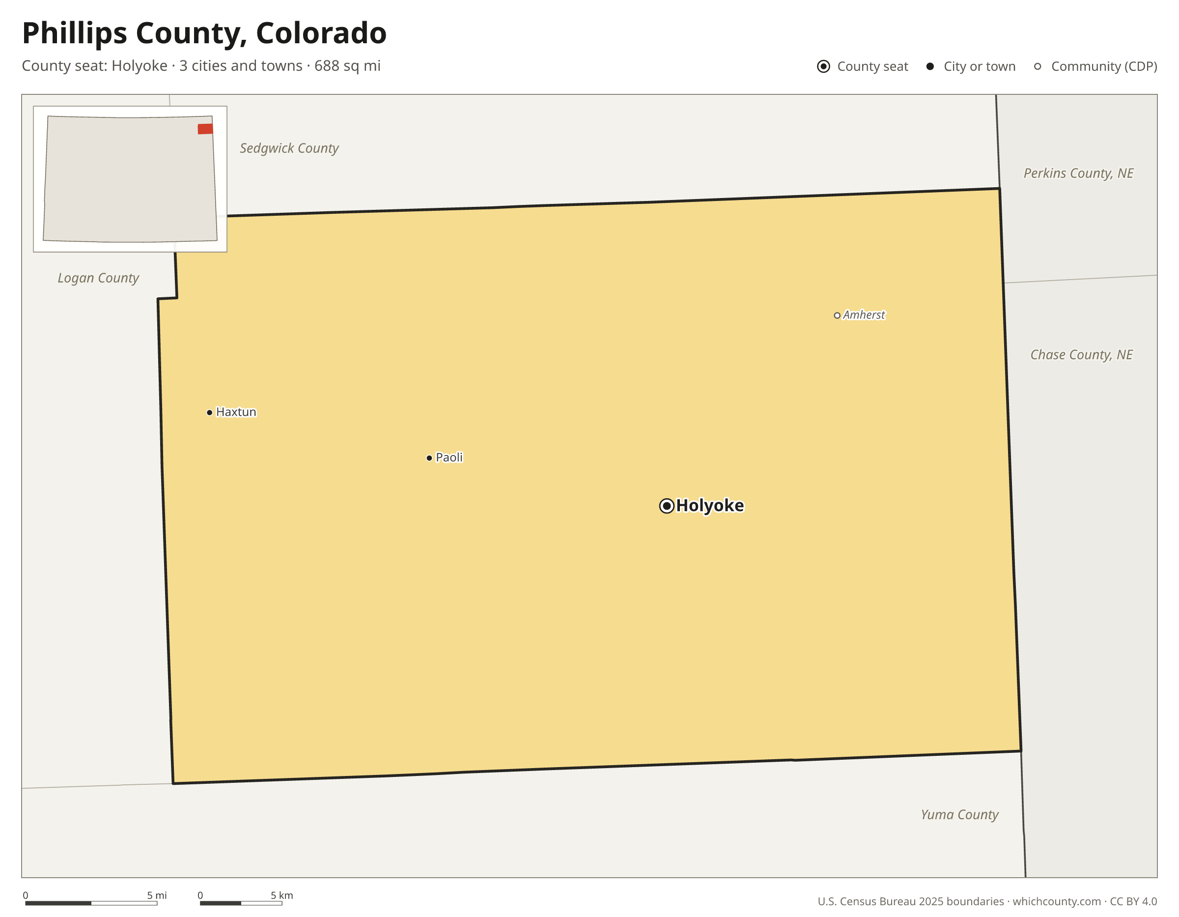 Map of Phillips County, Colorado with cities, towns and the county boundary