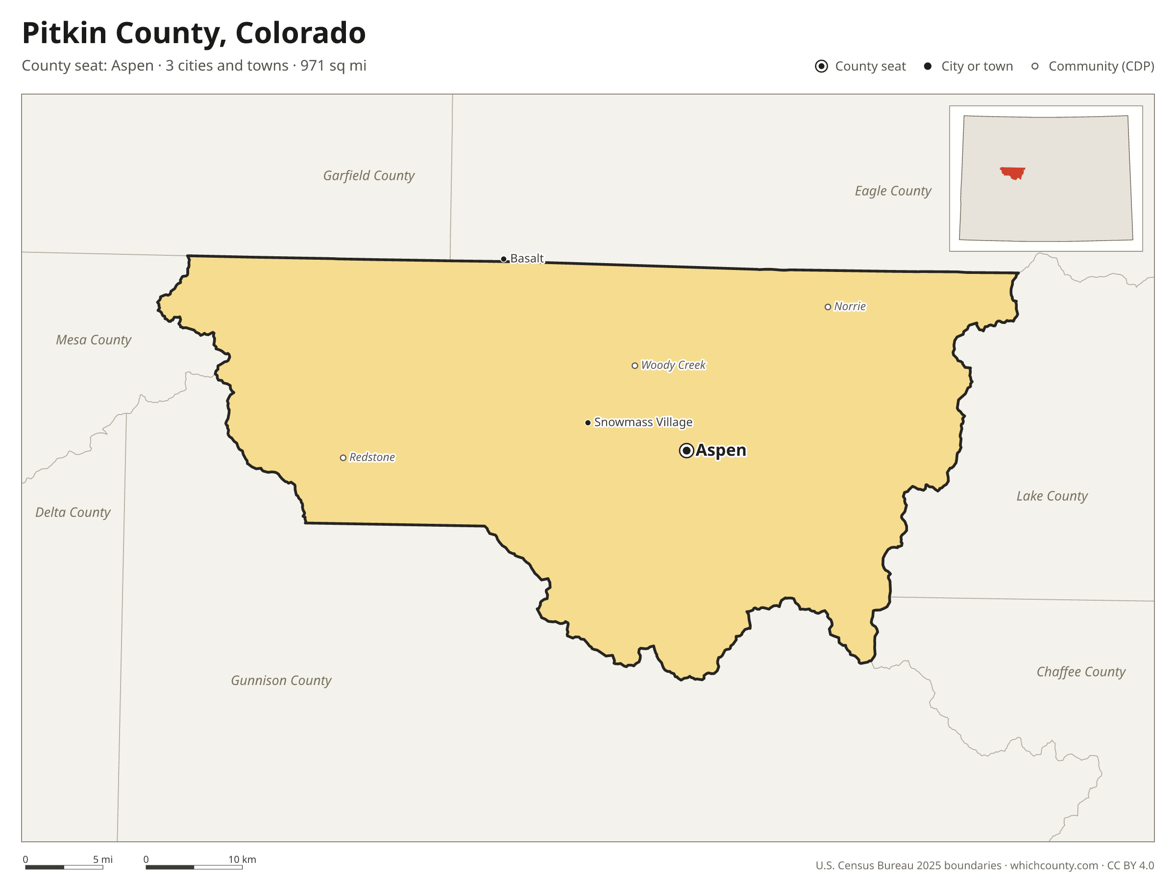 Map of Pitkin County, Colorado with cities, towns and the county boundary