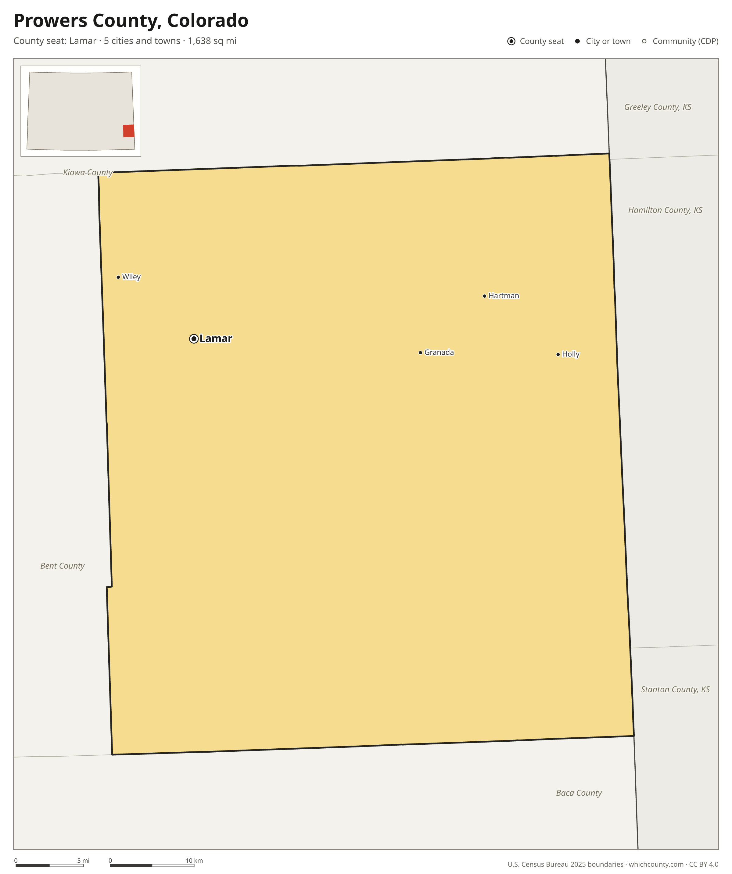 Map of Prowers County, Colorado with cities, towns and the county boundary