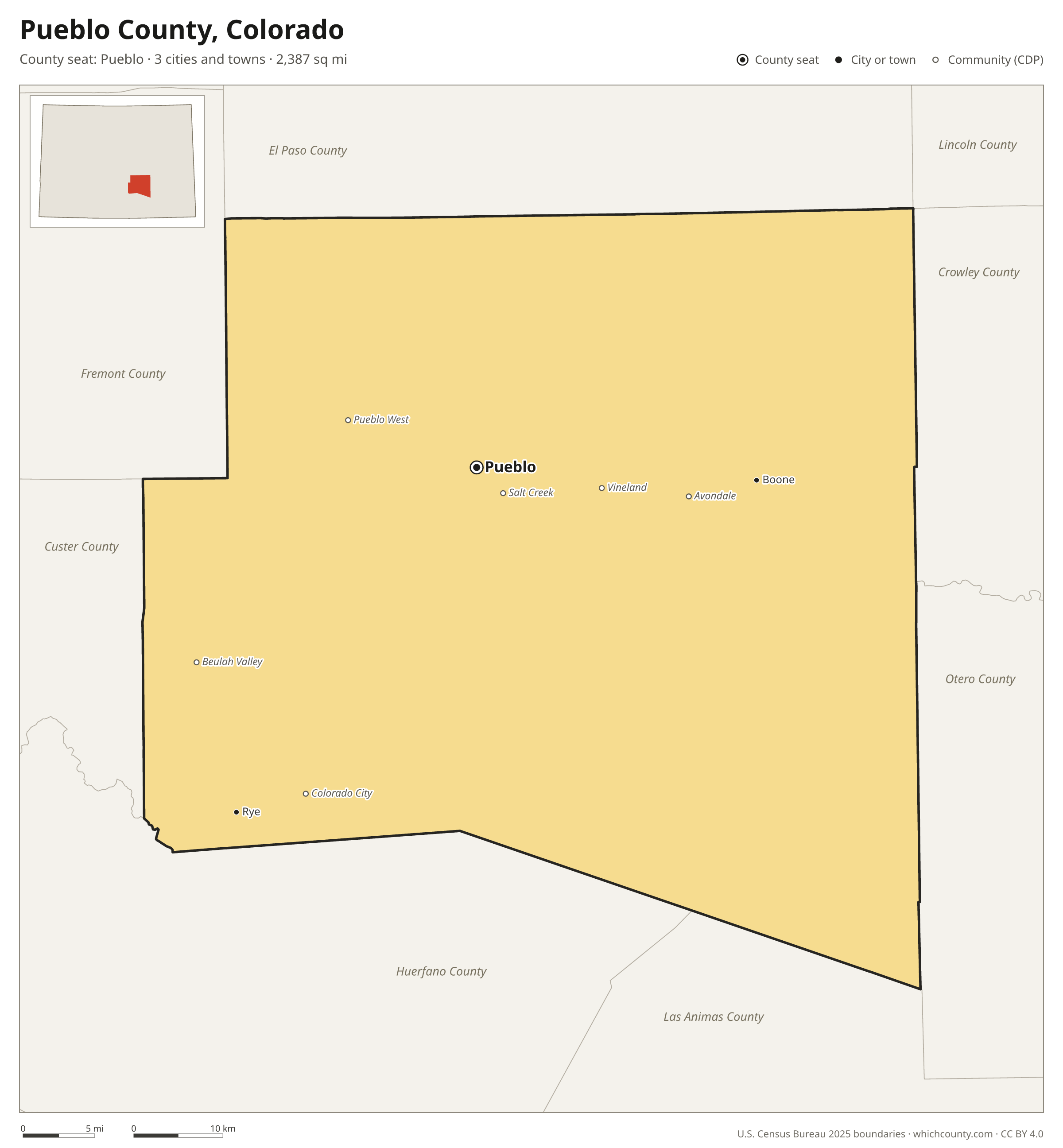 Map of Pueblo County, Colorado with cities, towns and the county boundary