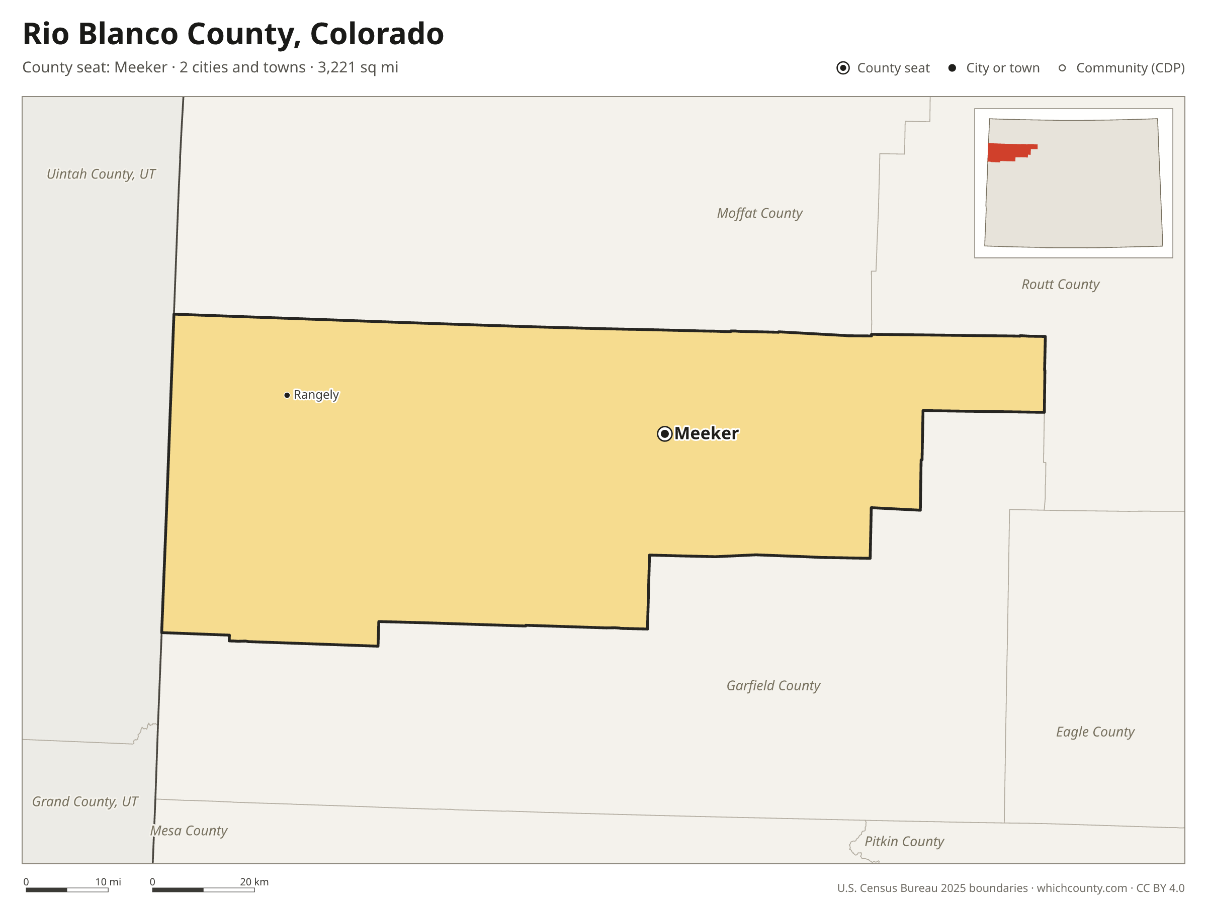 Map of Rio Blanco County, Colorado with cities, towns and the county boundary