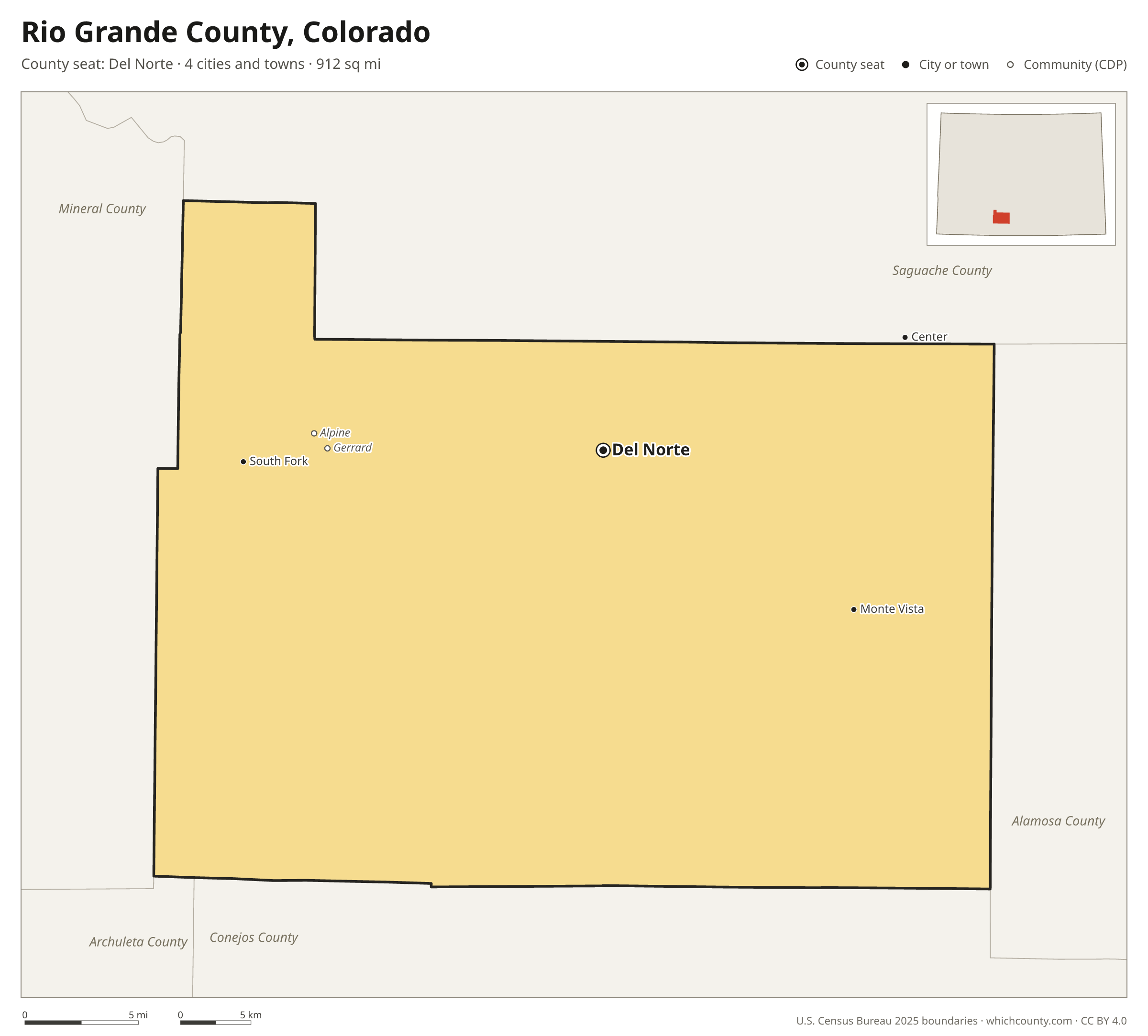 Map of Rio Grande County, Colorado with cities, towns and the county boundary