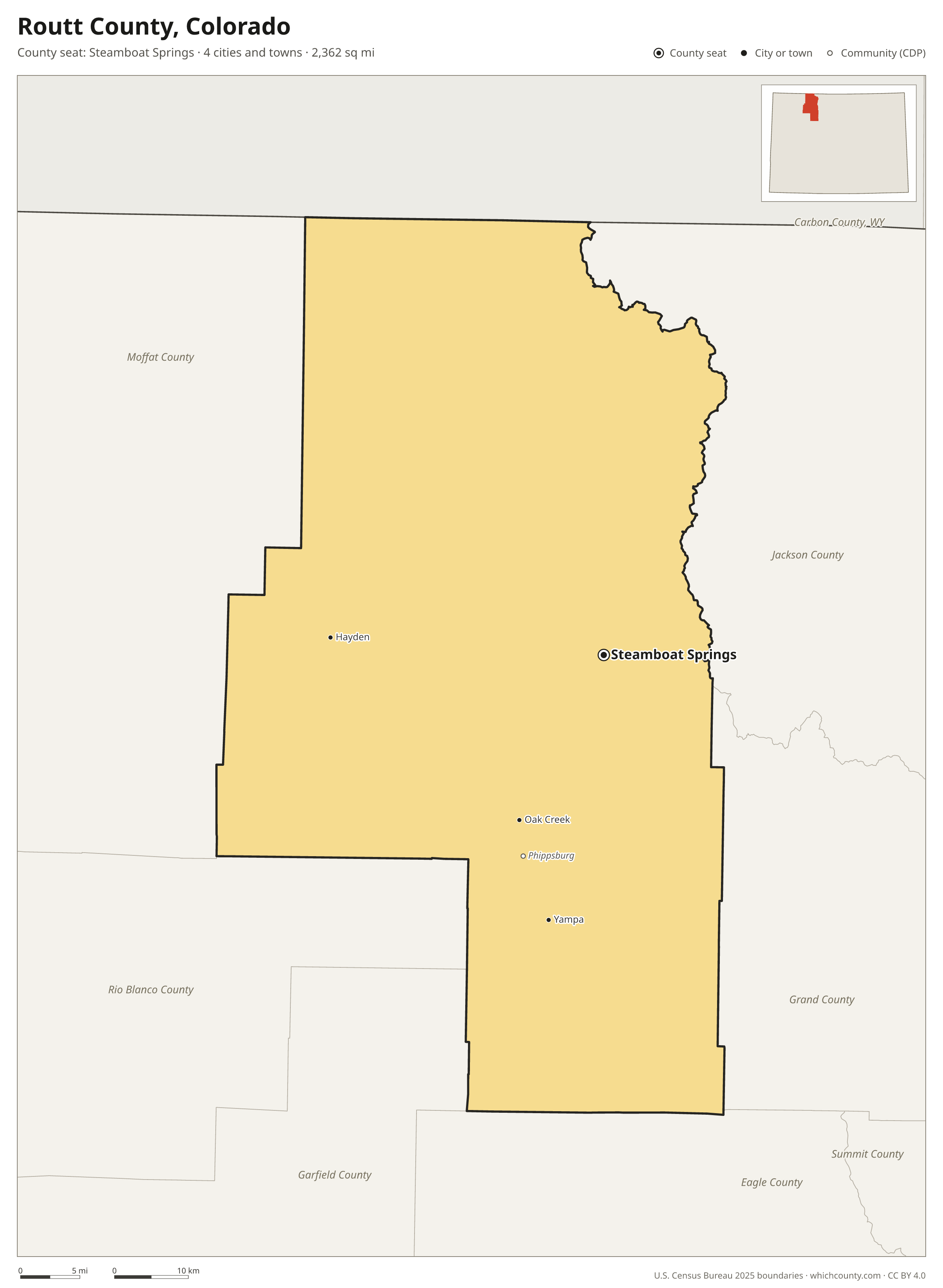 Map of Routt County, Colorado with cities, towns and the county boundary