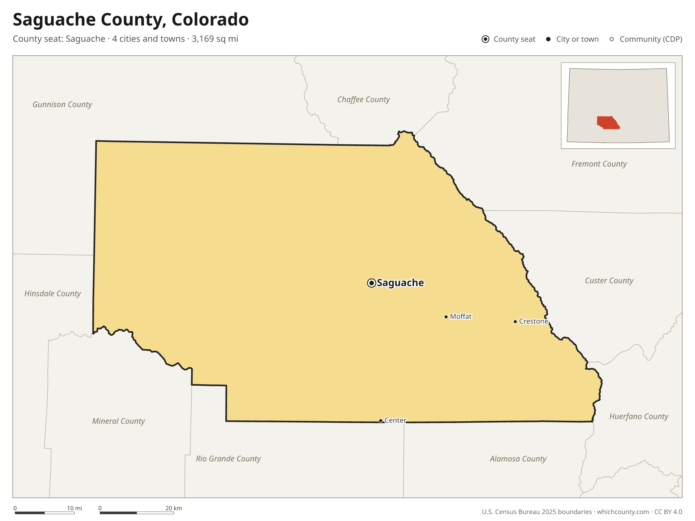 Map of Saguache County, Colorado with cities, towns and the county boundary