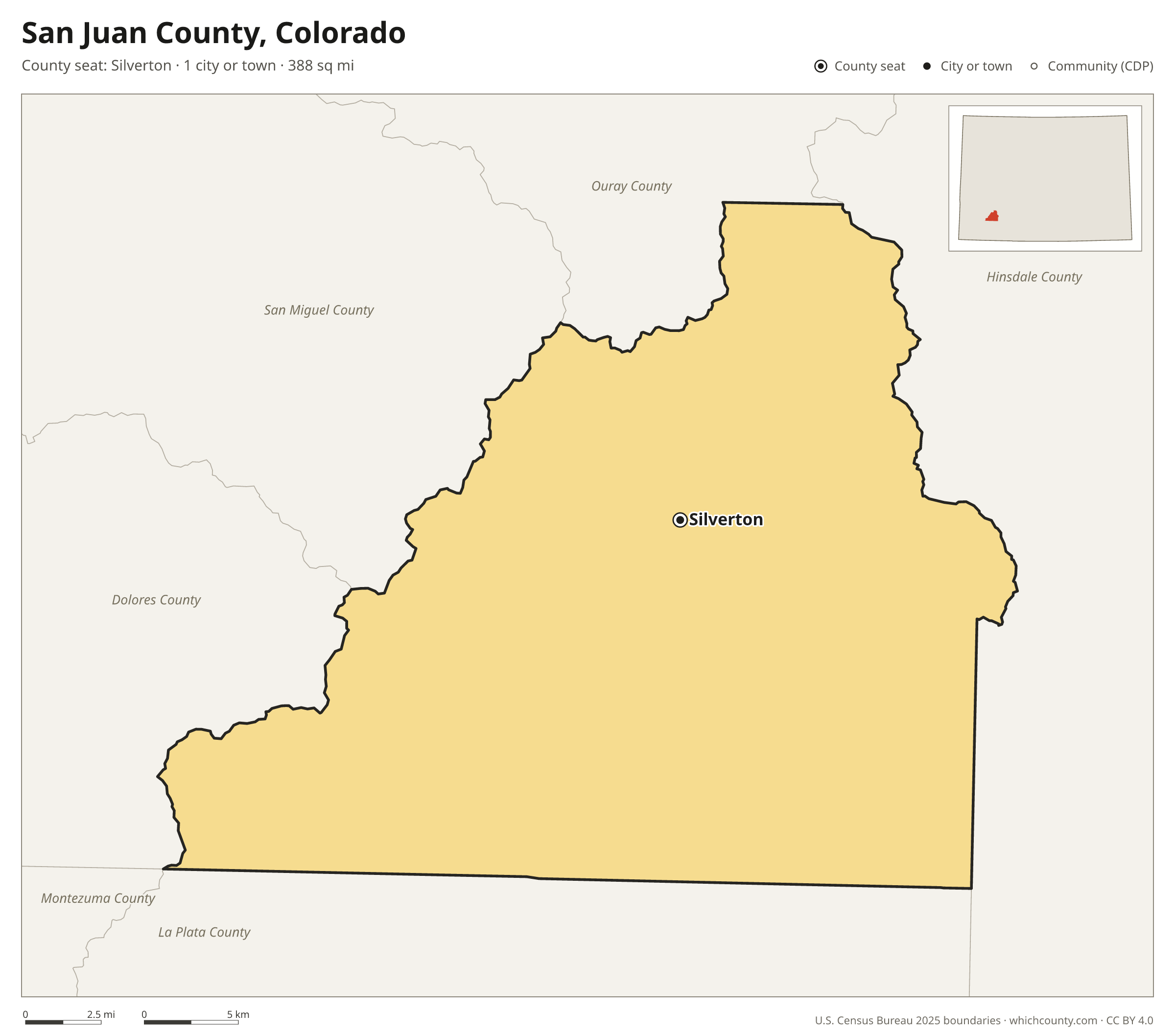 Map of San Juan County, Colorado with cities, towns and the county boundary