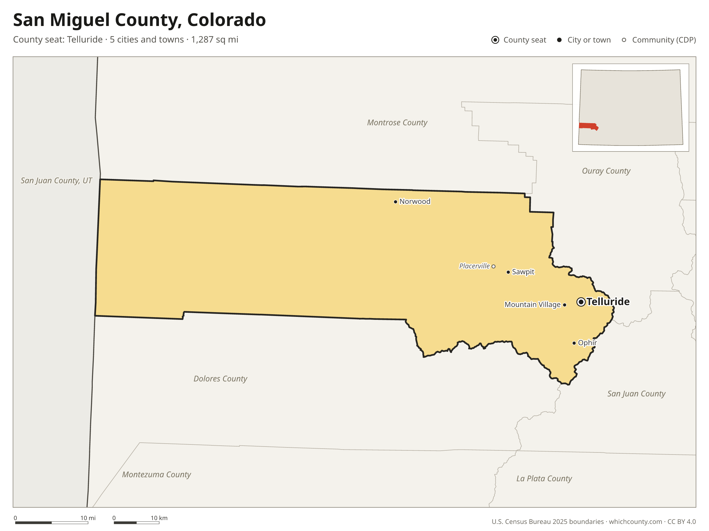Map of San Miguel County, Colorado with cities, towns and the county boundary
