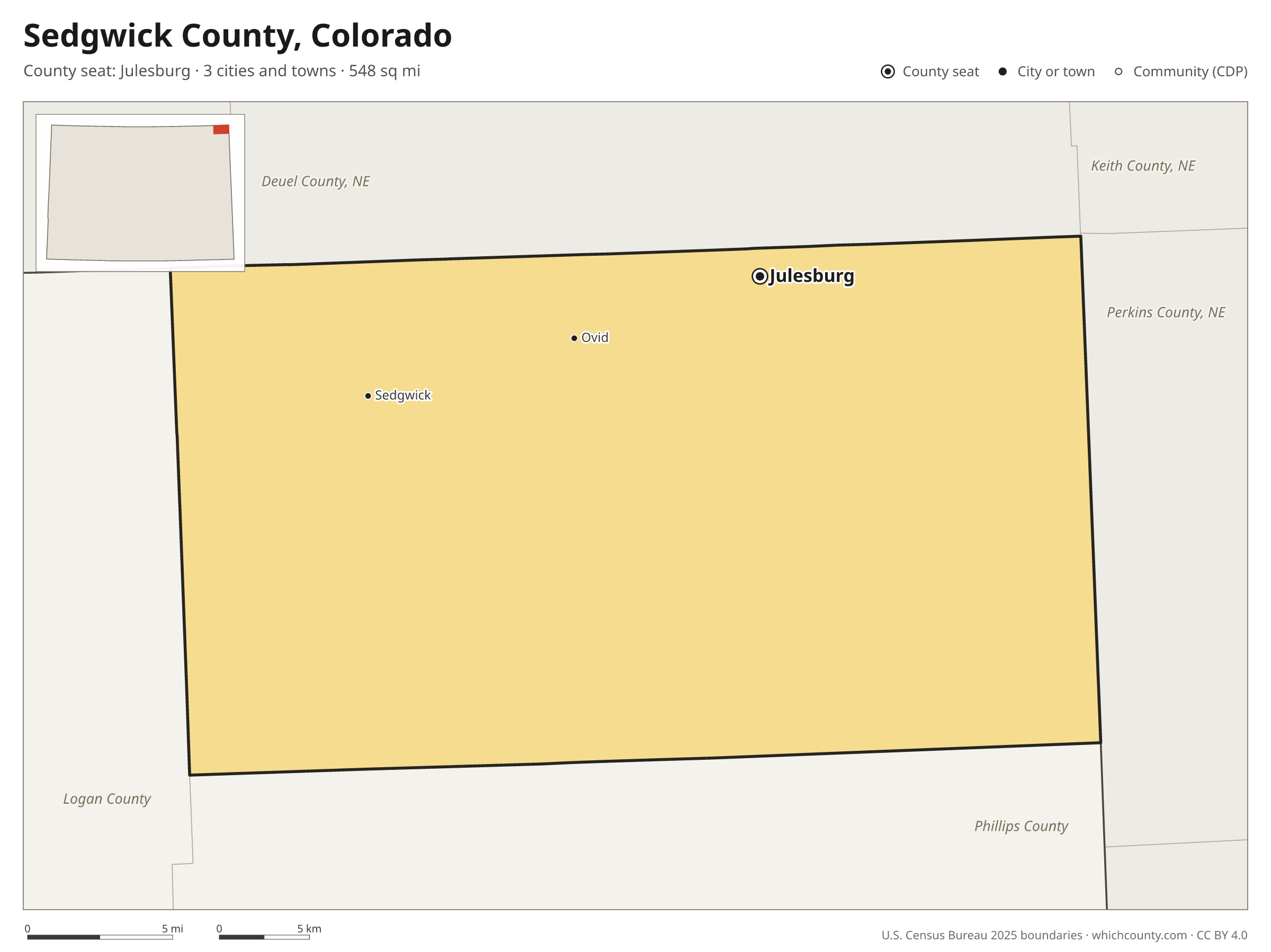 Map of Sedgwick County, Colorado with cities, towns and the county boundary