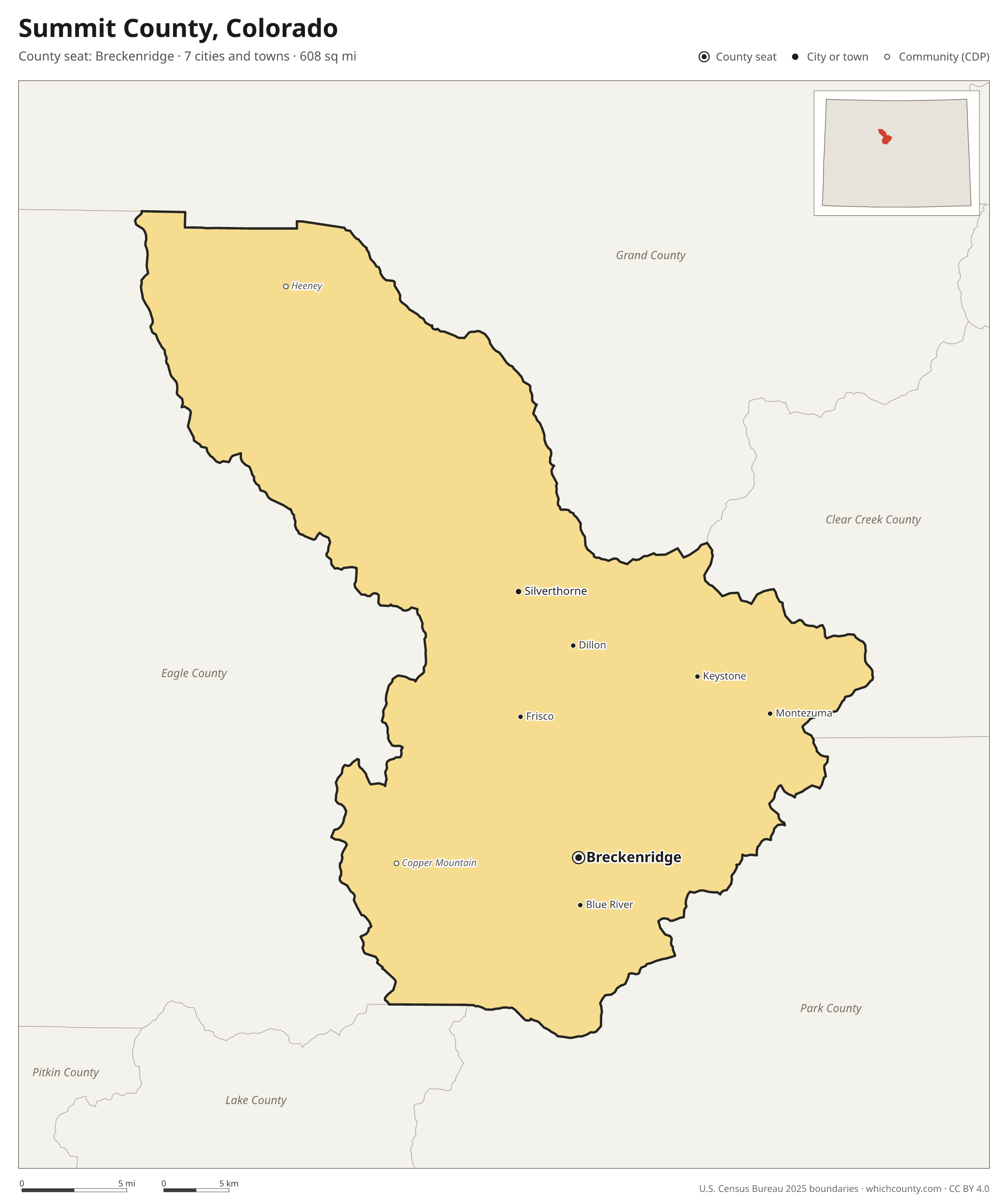 Map of Summit County, Colorado with cities, towns and the county boundary