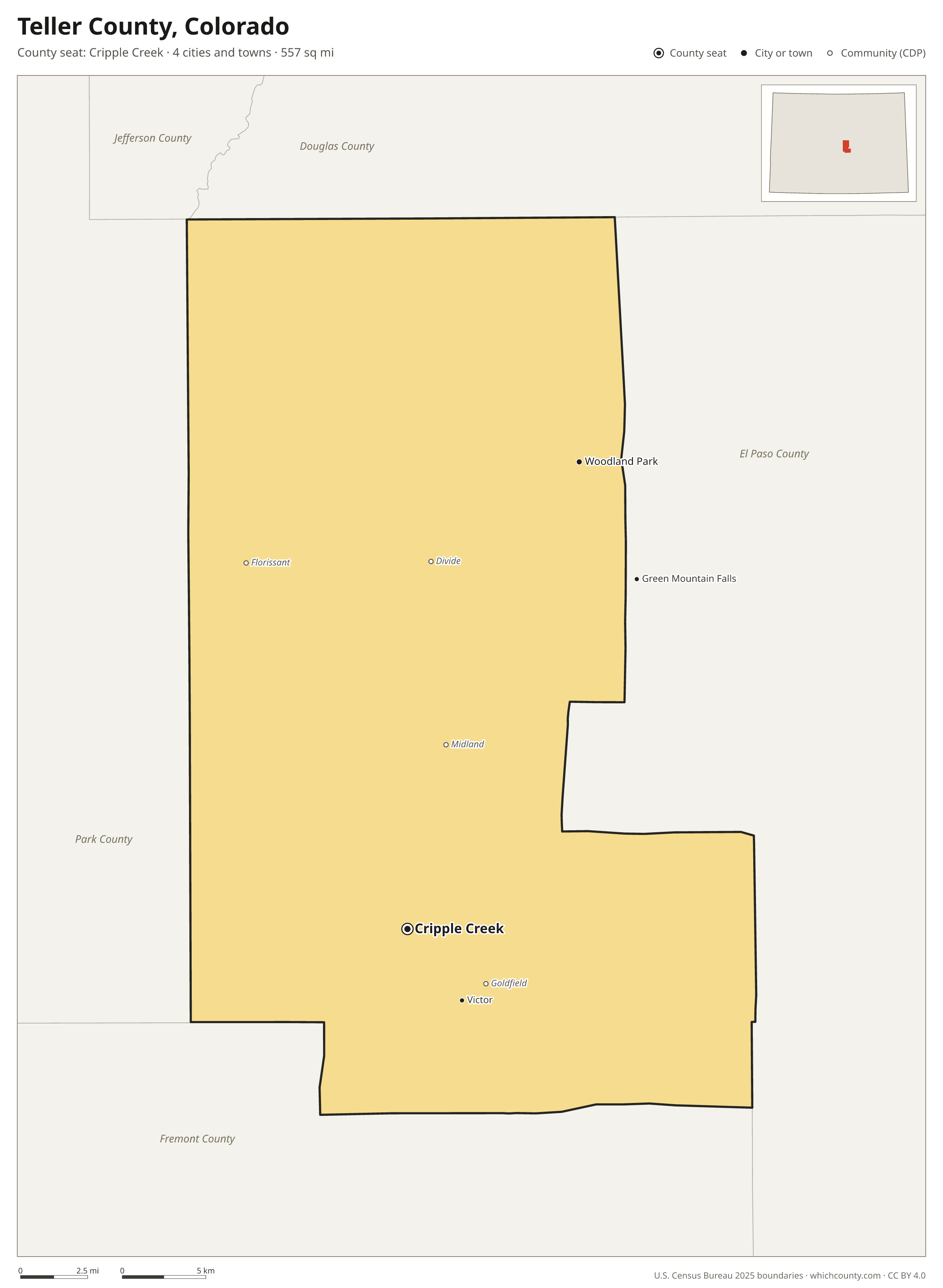 Map of Teller County, Colorado with cities, towns and the county boundary