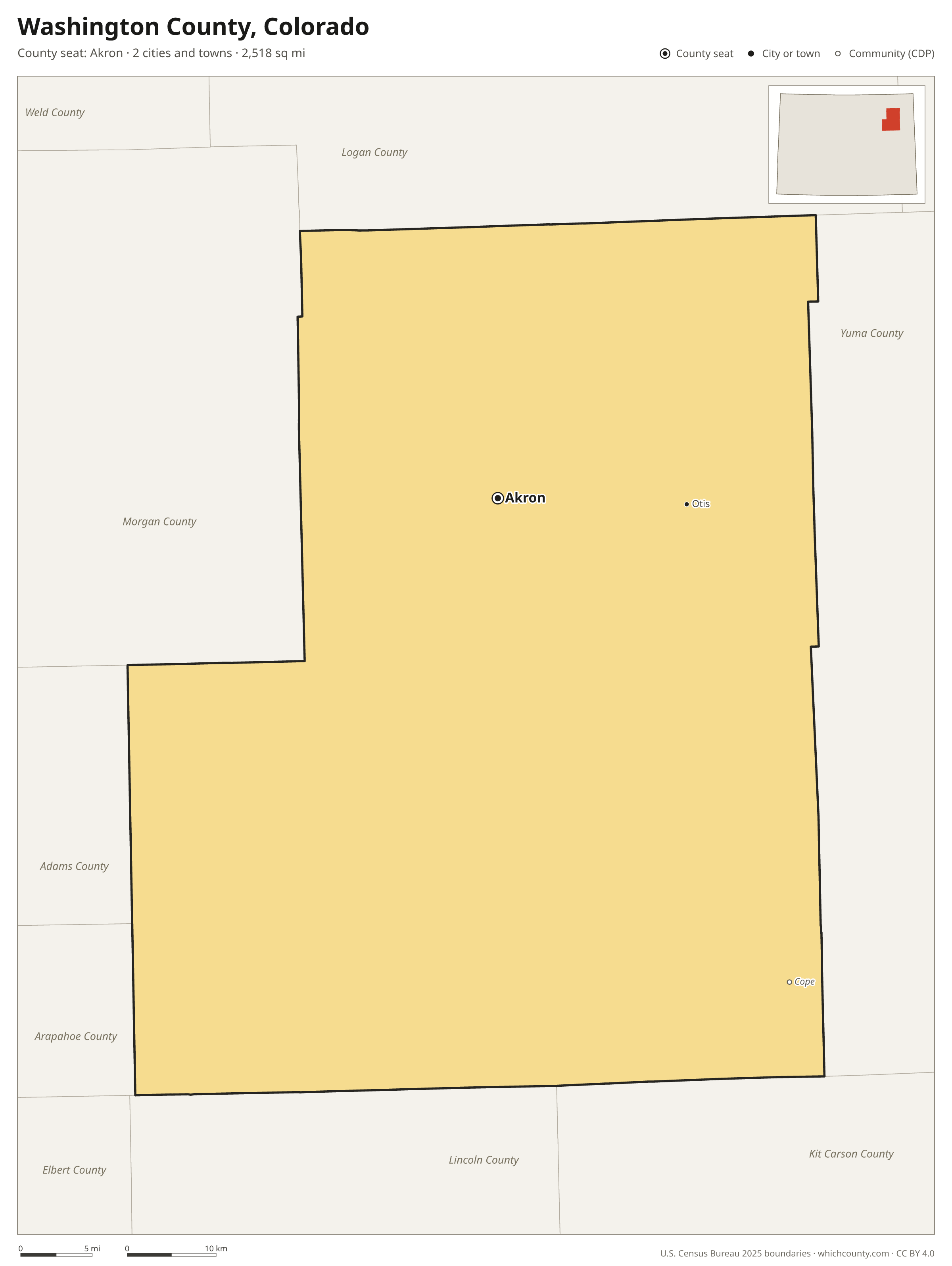 Map of Washington County, Colorado with cities, towns and the county boundary