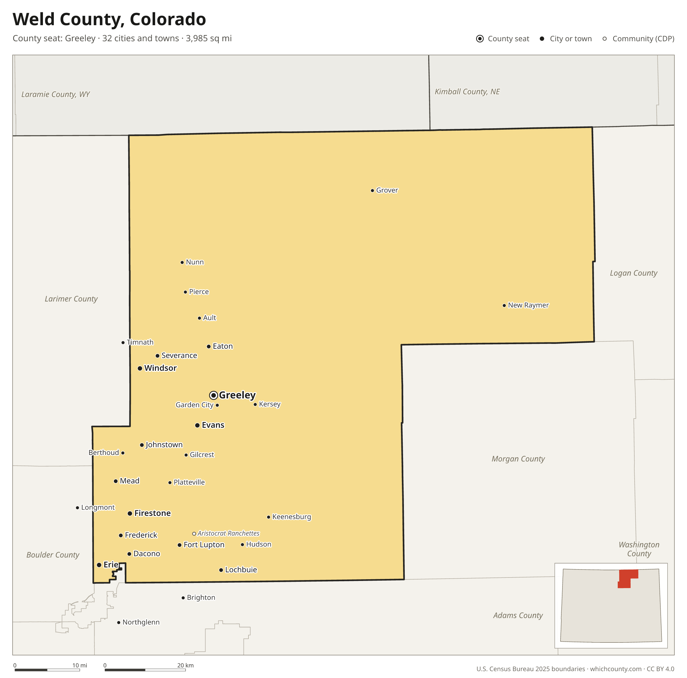 Map of Weld County, Colorado with cities, towns and the county boundary