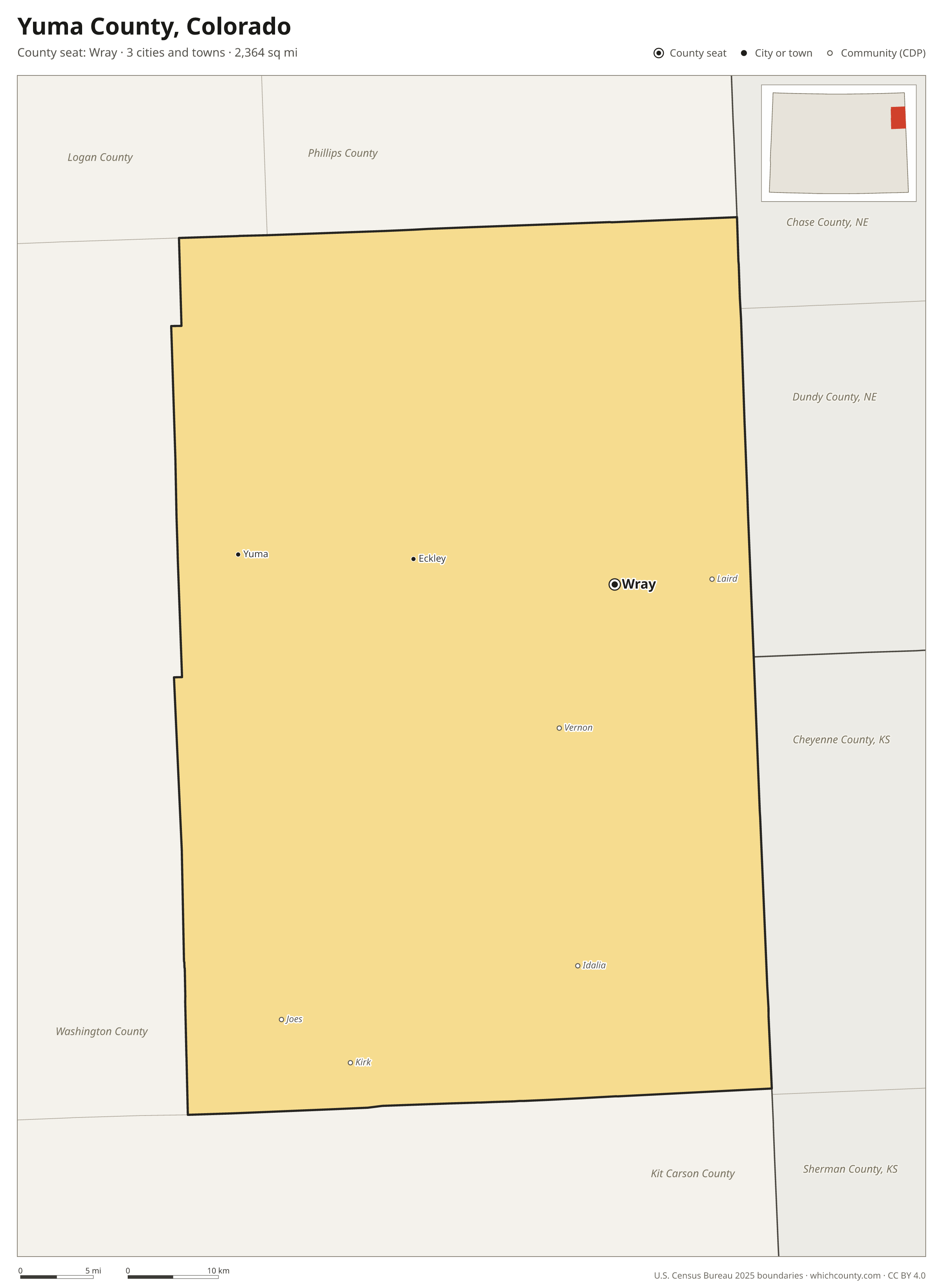 Map of Yuma County, Colorado with cities, towns and the county boundary