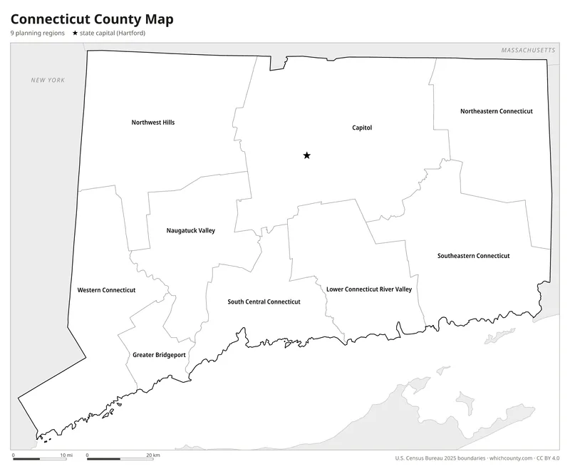 Black and white Connecticut planning region map