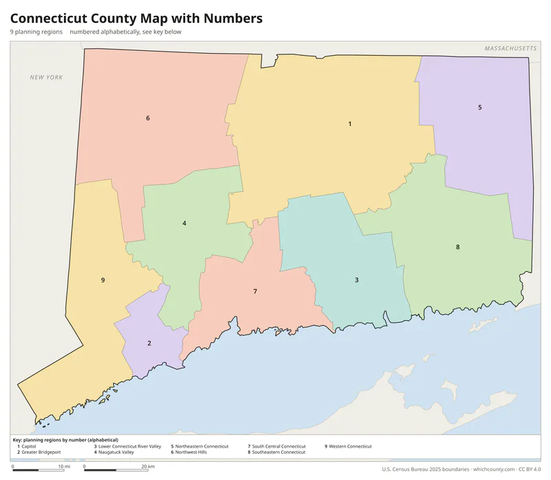 Connecticut planning region map with numbers
