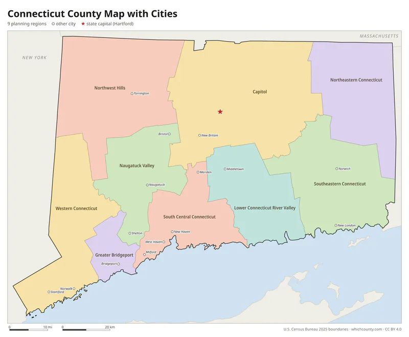 Connecticut planning region map with cities and county seats