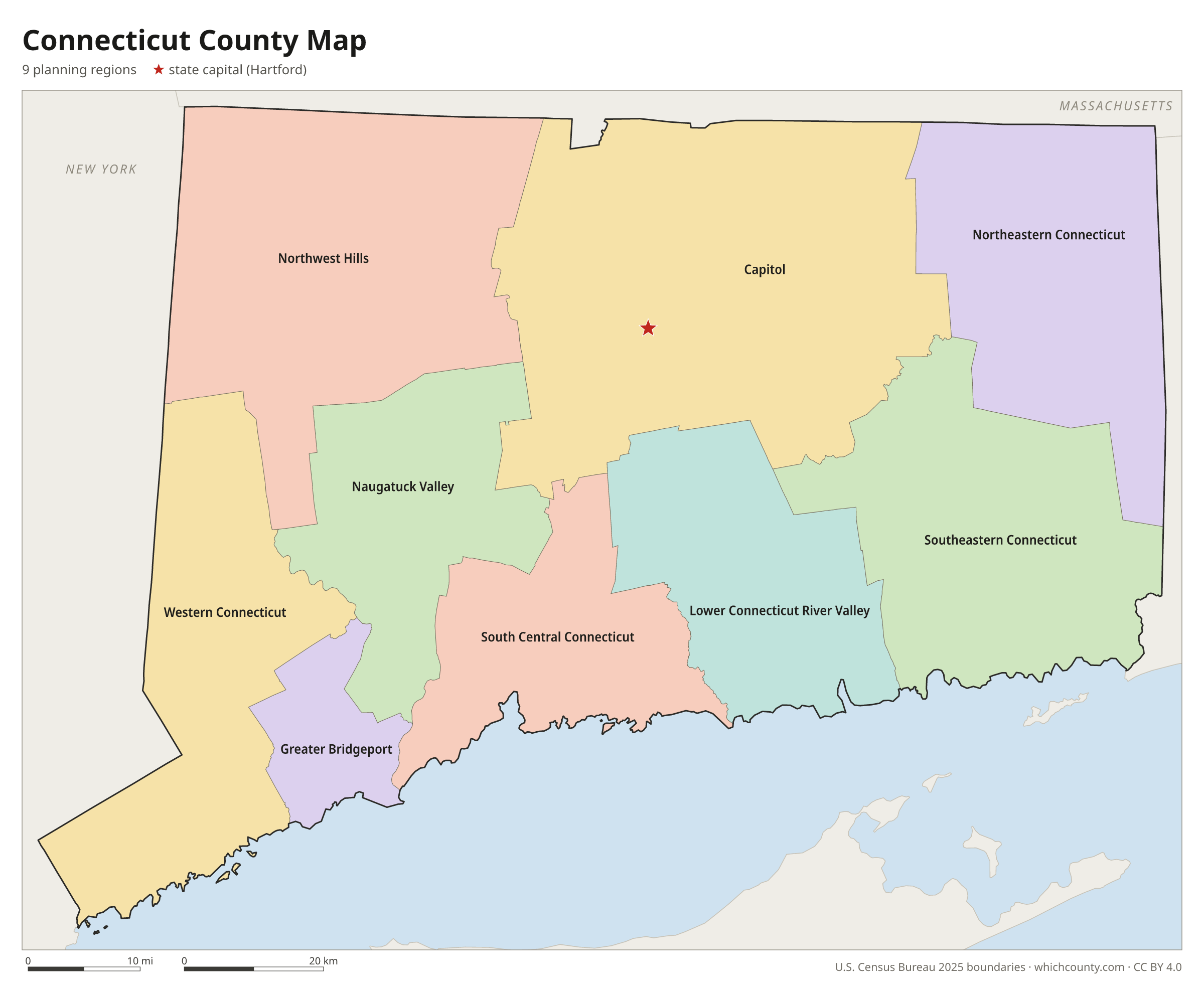 Connecticut planning region map showing all 9 planning regions with planning region names