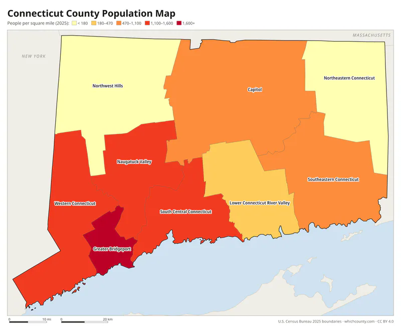 Map of Connecticut planning regions shaded by population density