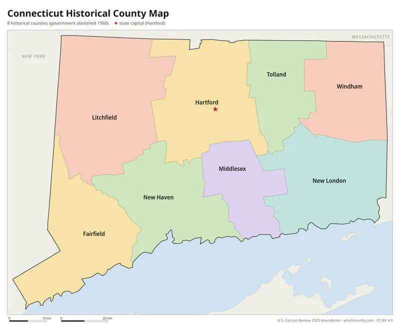 Map of the 8 historic counties of Connecticut