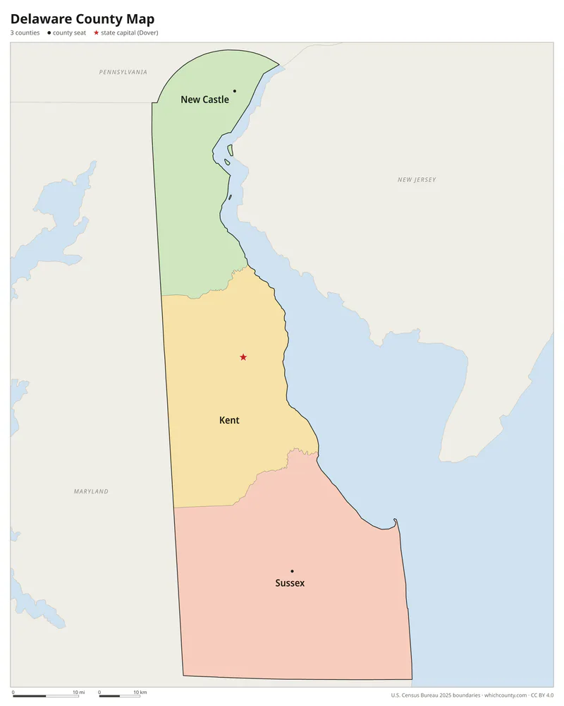 Delaware county map with all 3 counties labeled