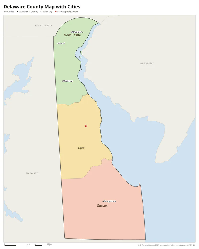 Delaware county map with cities and county seats