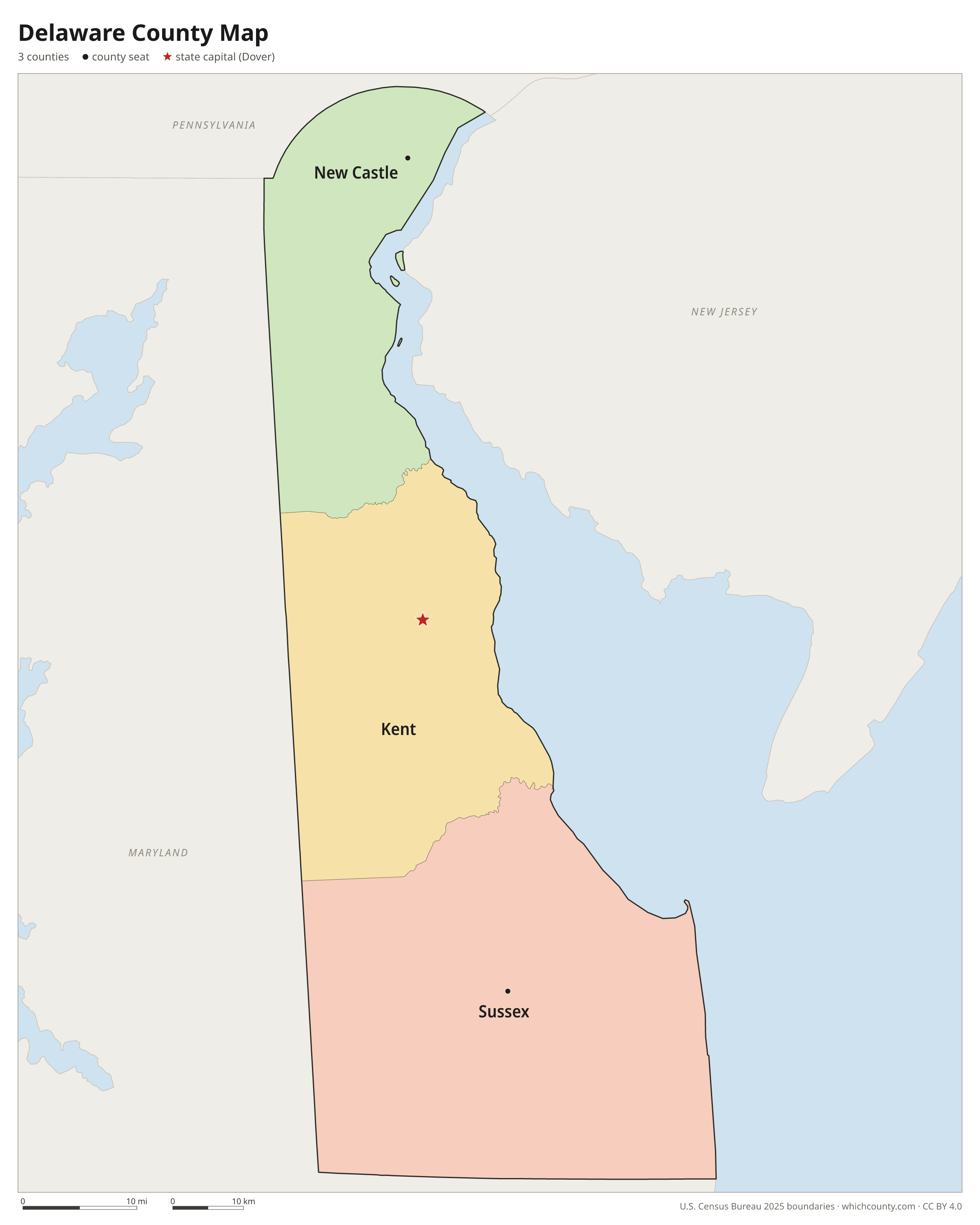 Delaware county map showing all 3 counties with county names and county seats