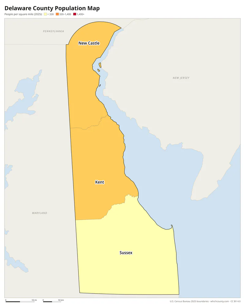 Map of Delaware counties shaded by population density