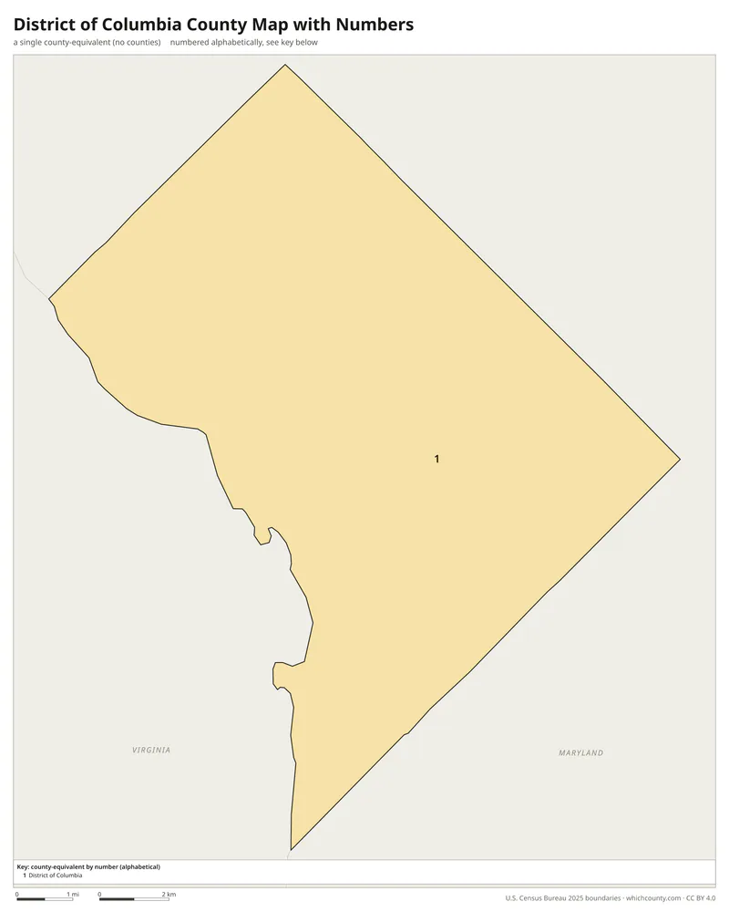 District of Columbia county-equivalent map with numbers