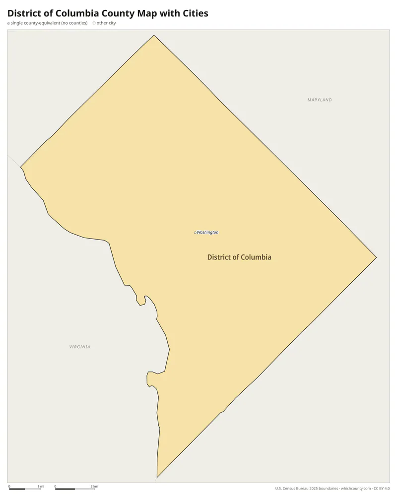 District of Columbia county-equivalent map with cities and county seats