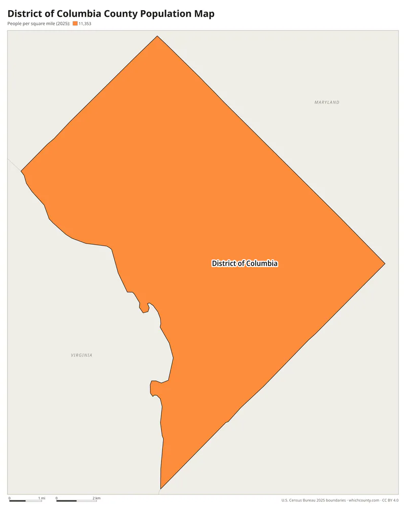 Map of District of Columbia county-equivalent shaded by population density