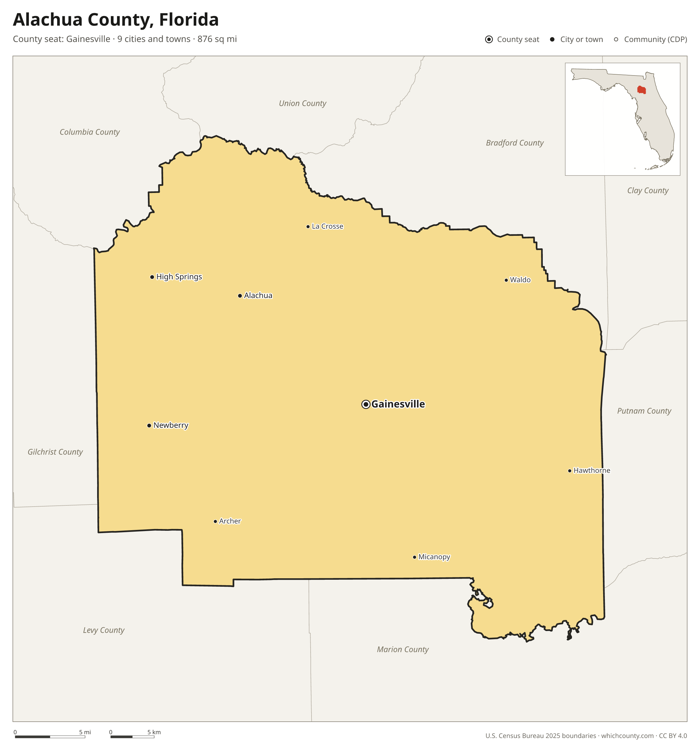 Map of Alachua County, Florida with cities, towns and the county boundary