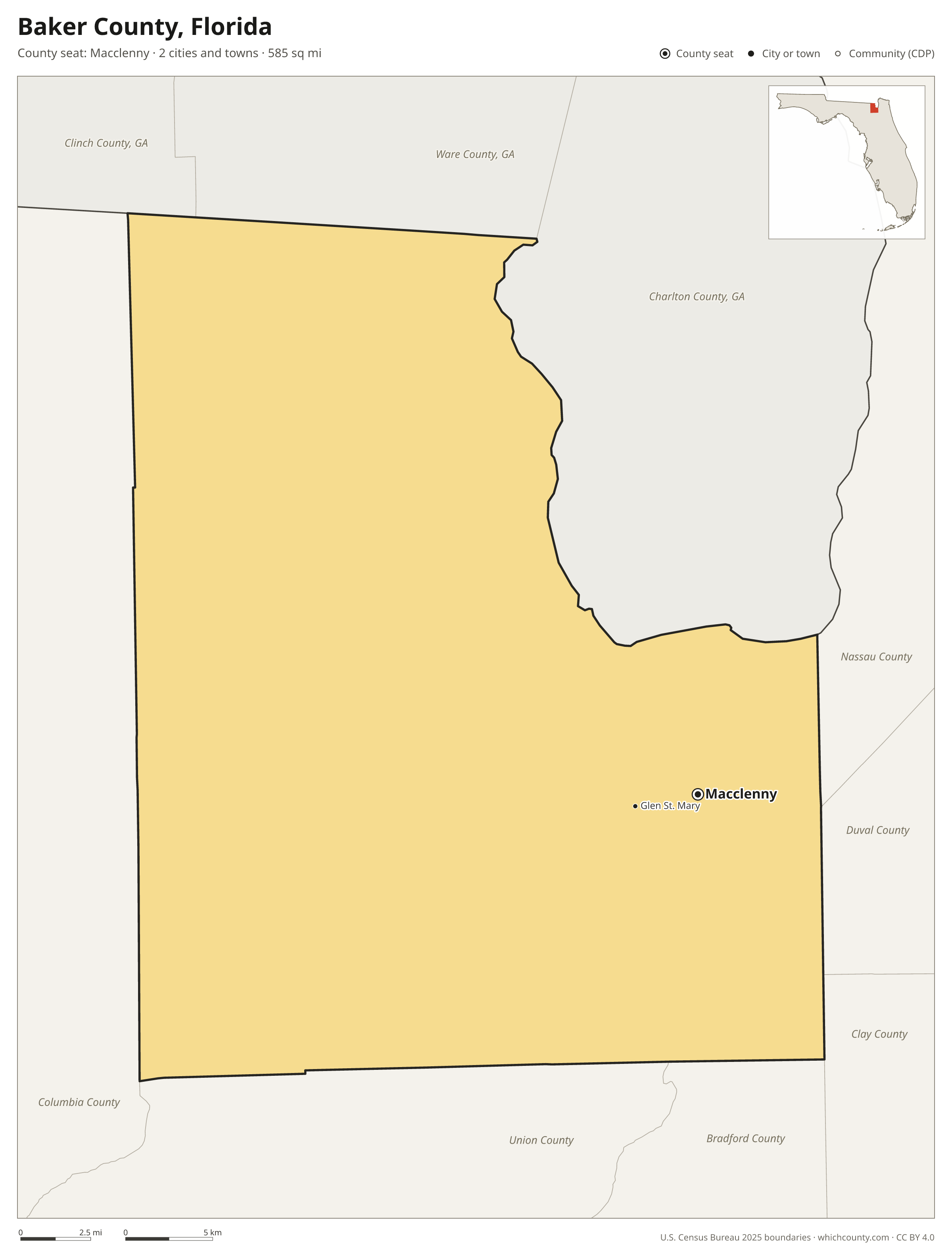 Map of Baker County, Florida with cities, towns and the county boundary
