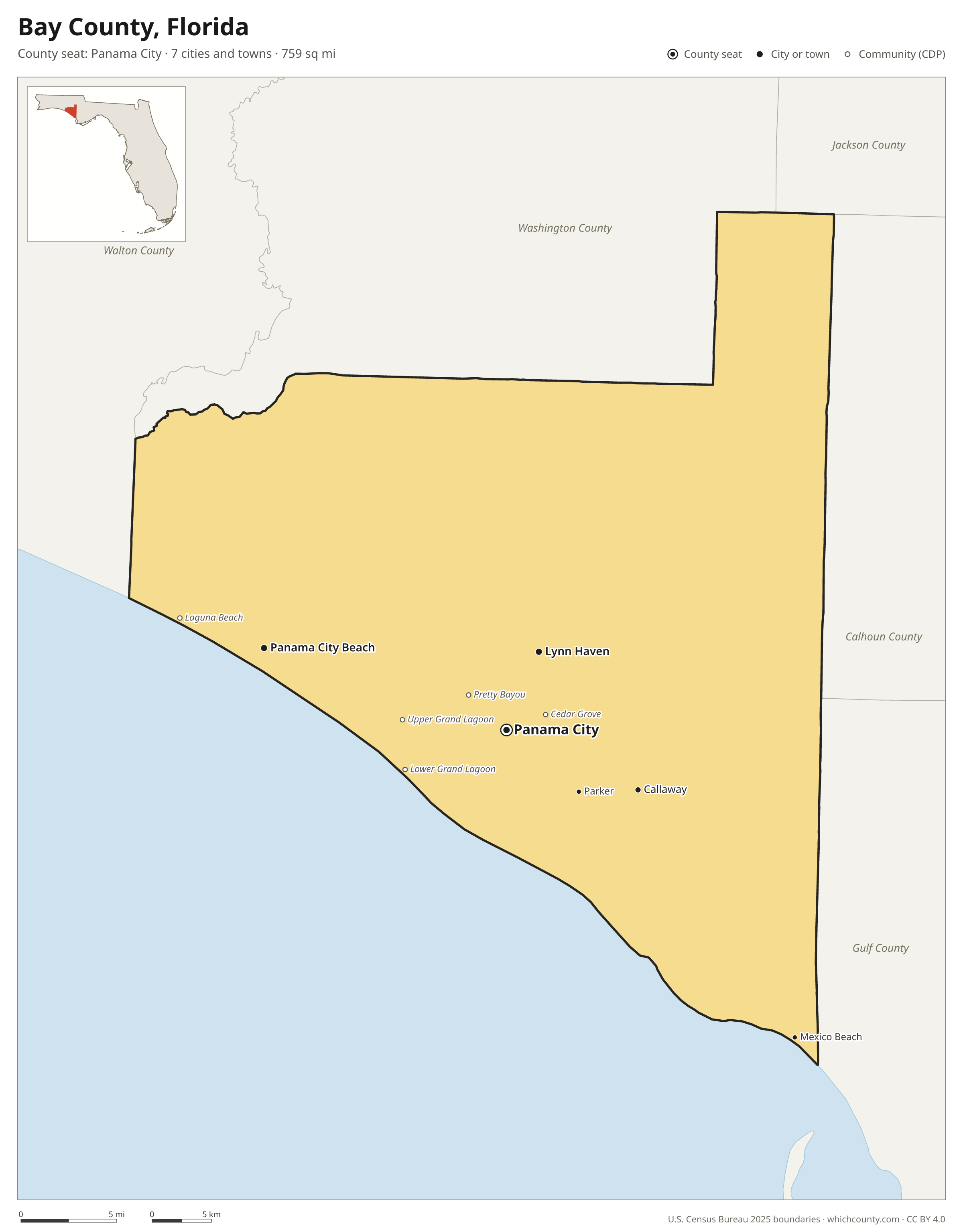 Map of Bay County, Florida with cities, towns and the county boundary