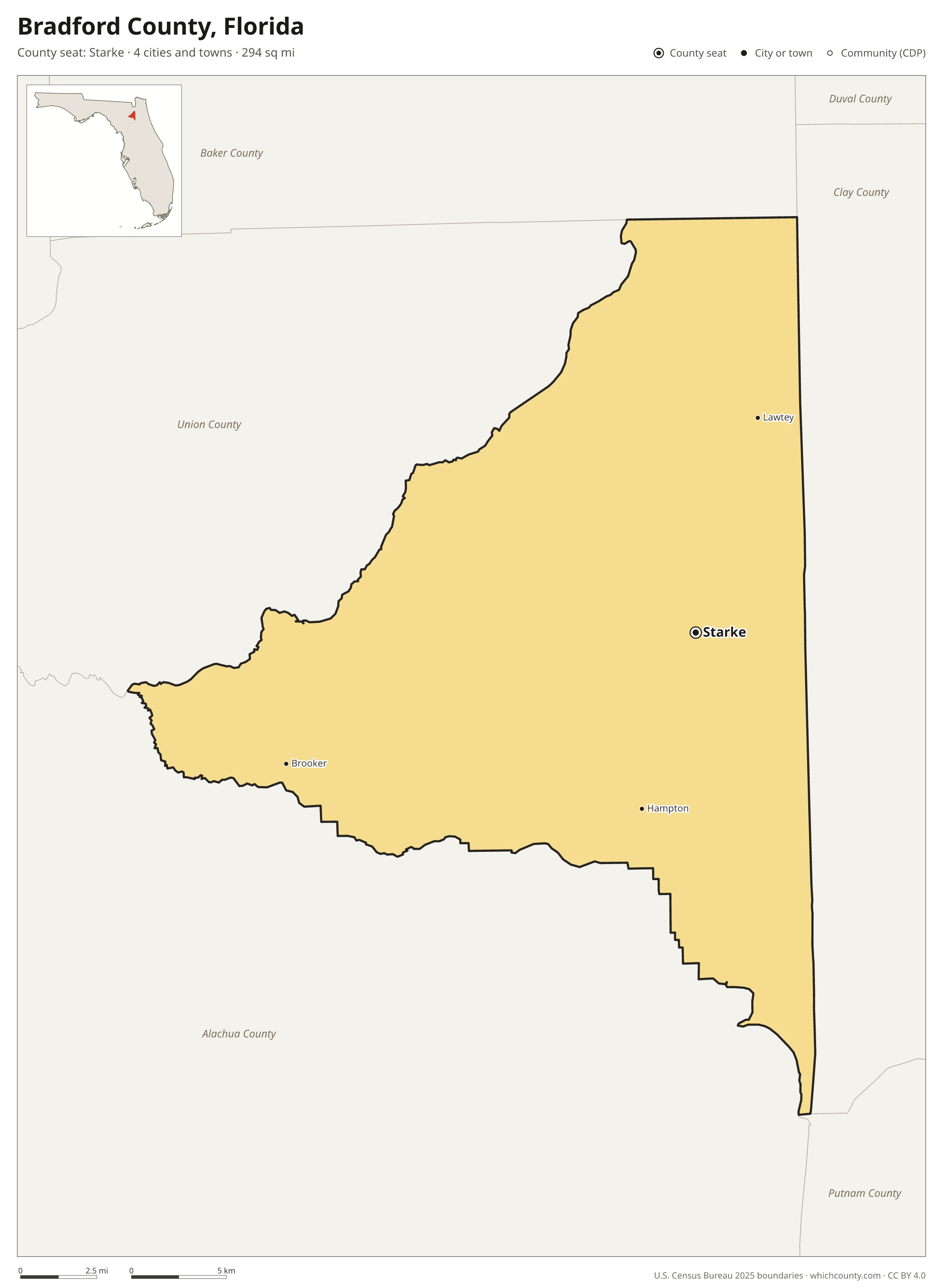 Map of Bradford County, Florida with cities, towns and the county boundary