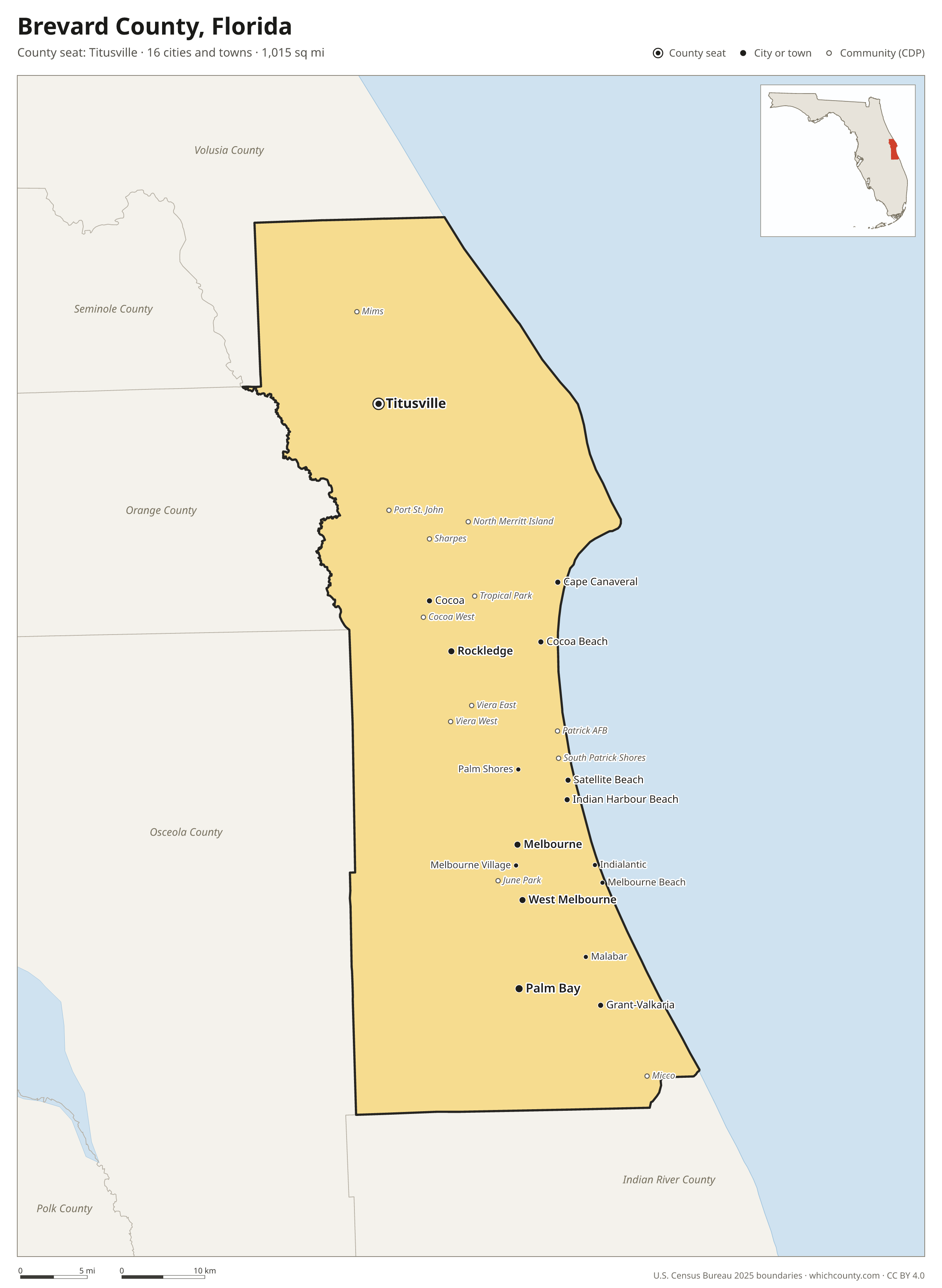 Map of Brevard County, Florida with cities, towns and the county boundary