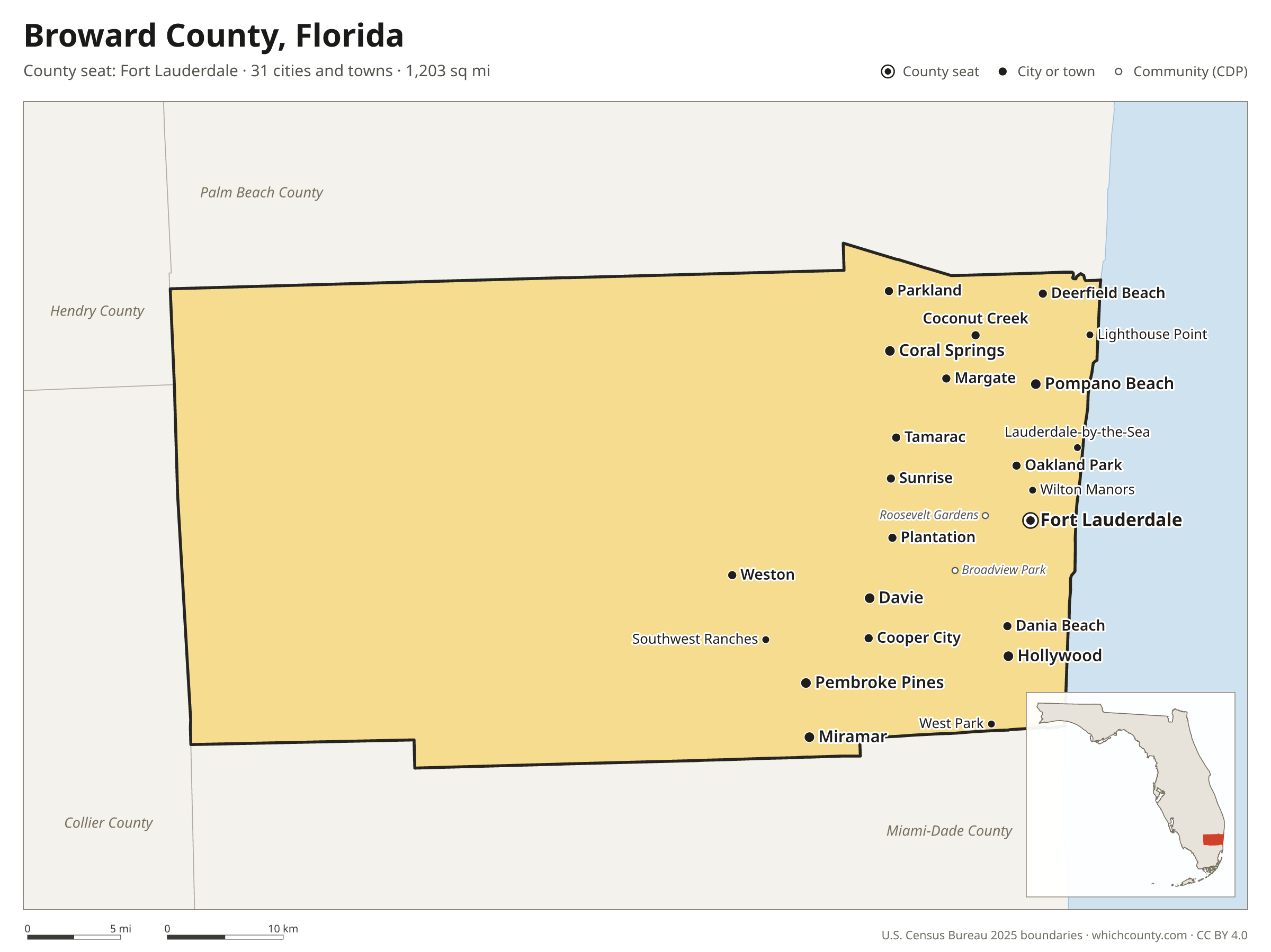 Map of Broward County, Florida with cities, towns and the county boundary