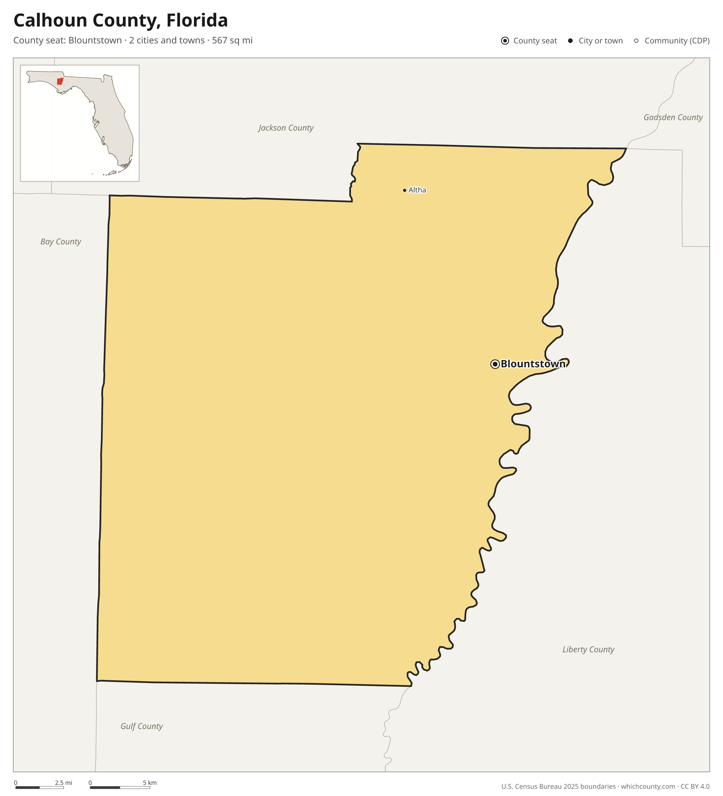 Map of Calhoun County, Florida with cities, towns and the county boundary