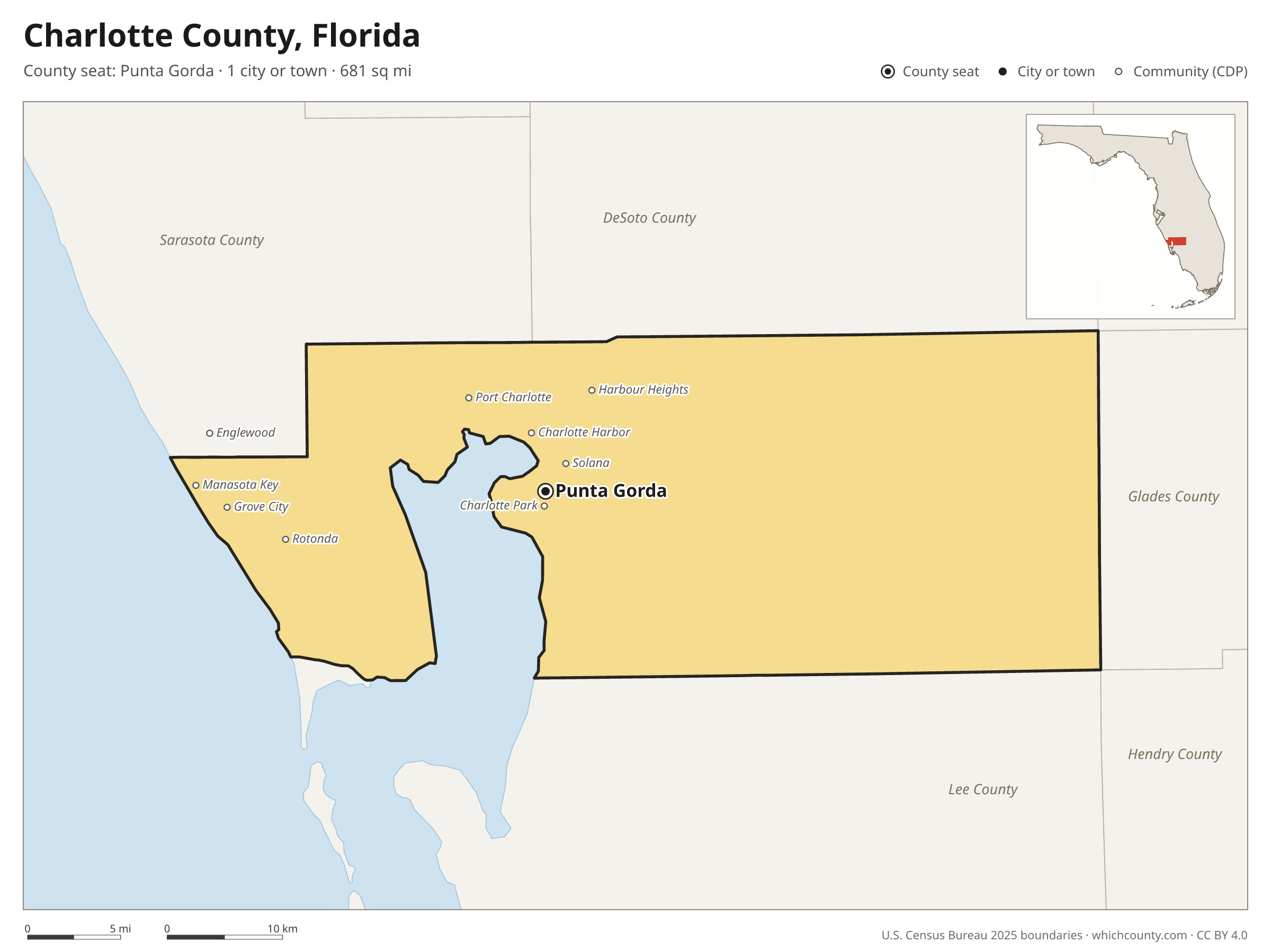 Map of Charlotte County, Florida with cities, towns and the county boundary