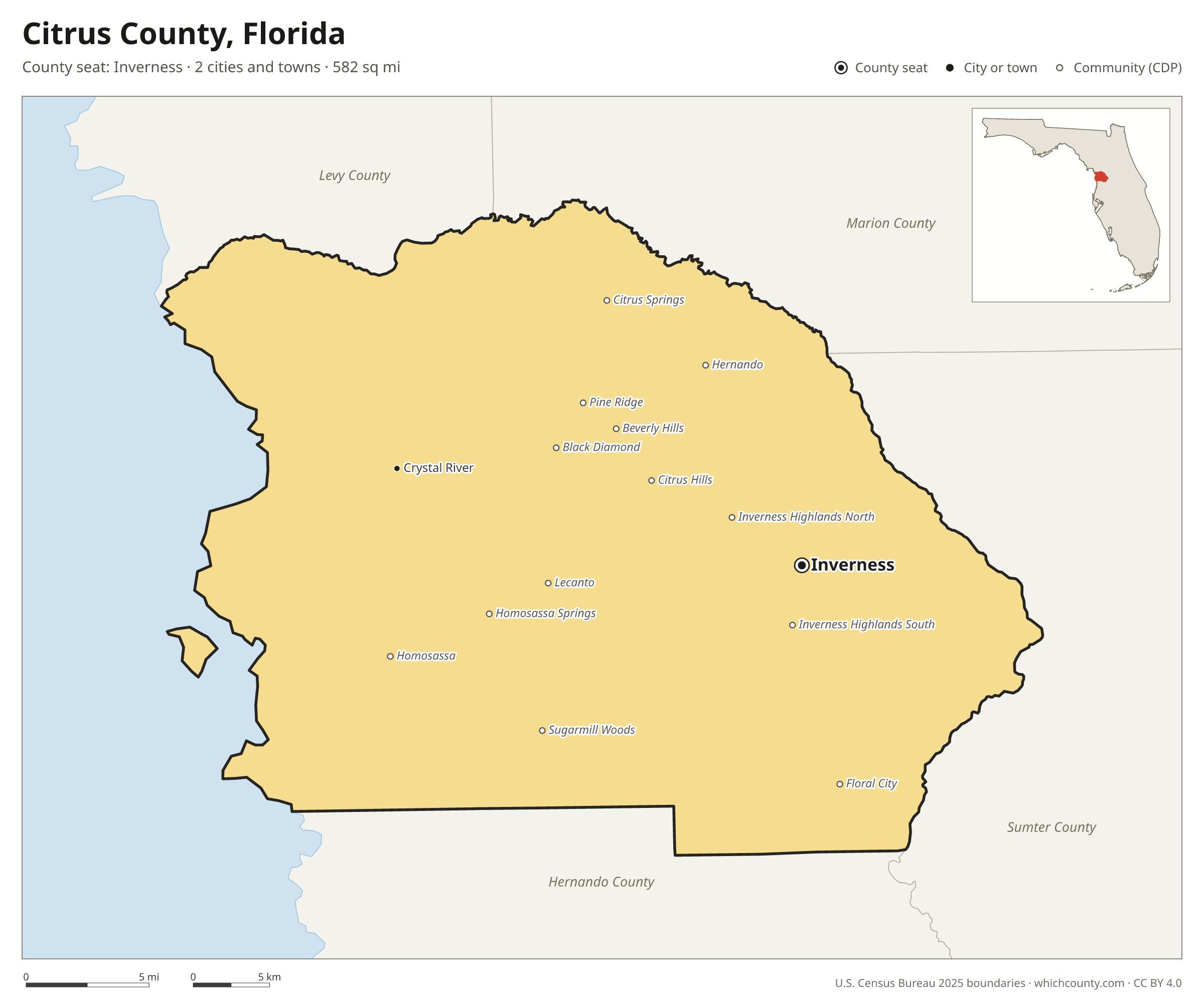 Map of Citrus County, Florida with cities, towns and the county boundary