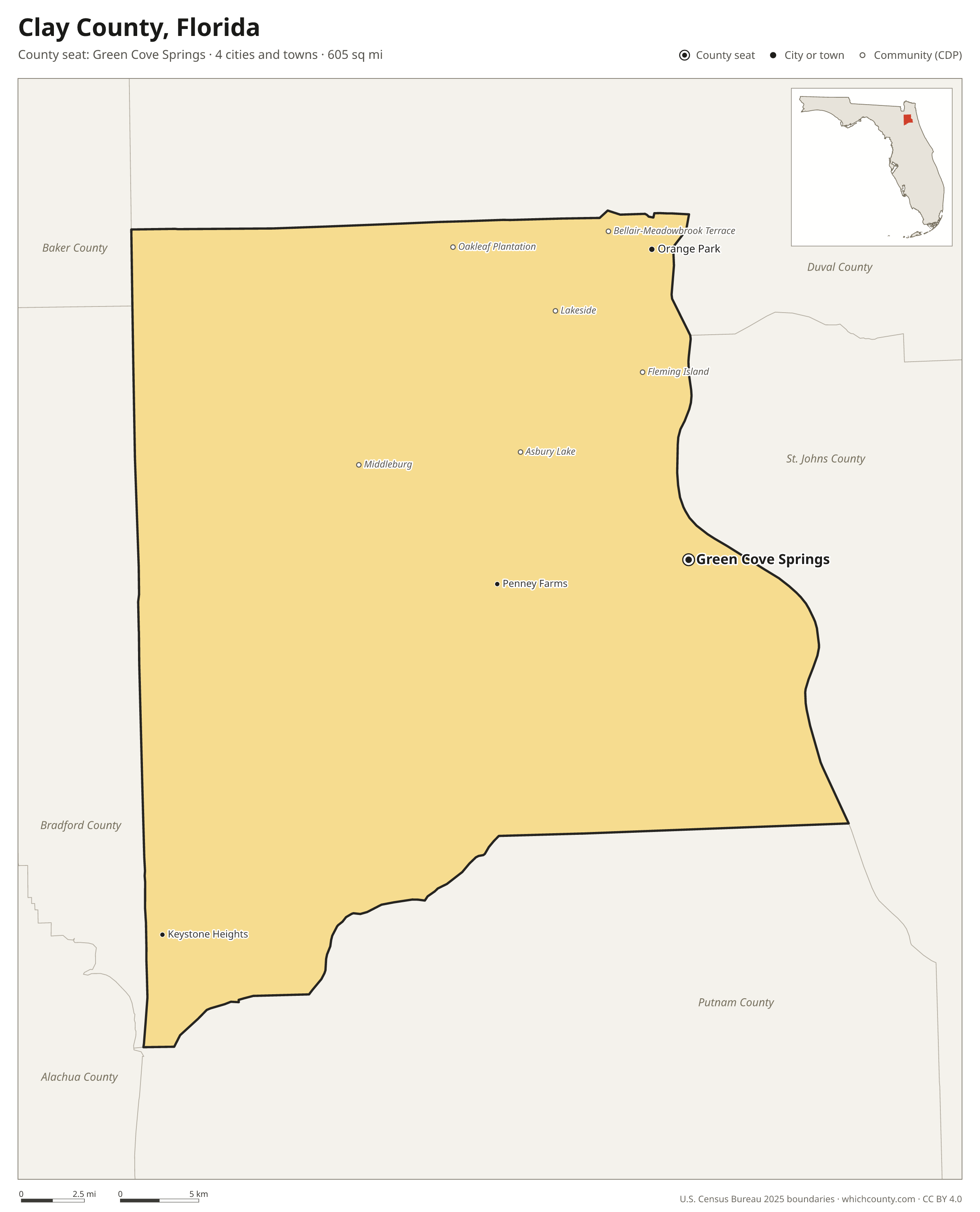 Map of Clay County, Florida with cities, towns and the county boundary