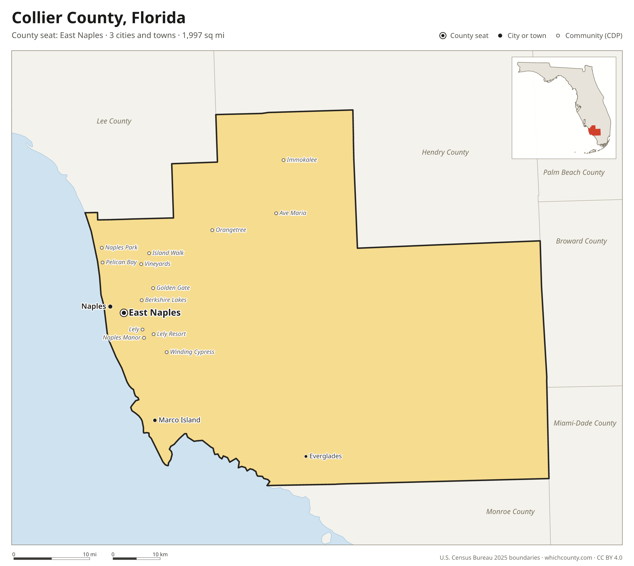 Map of Collier County, Florida with cities, towns and the county boundary