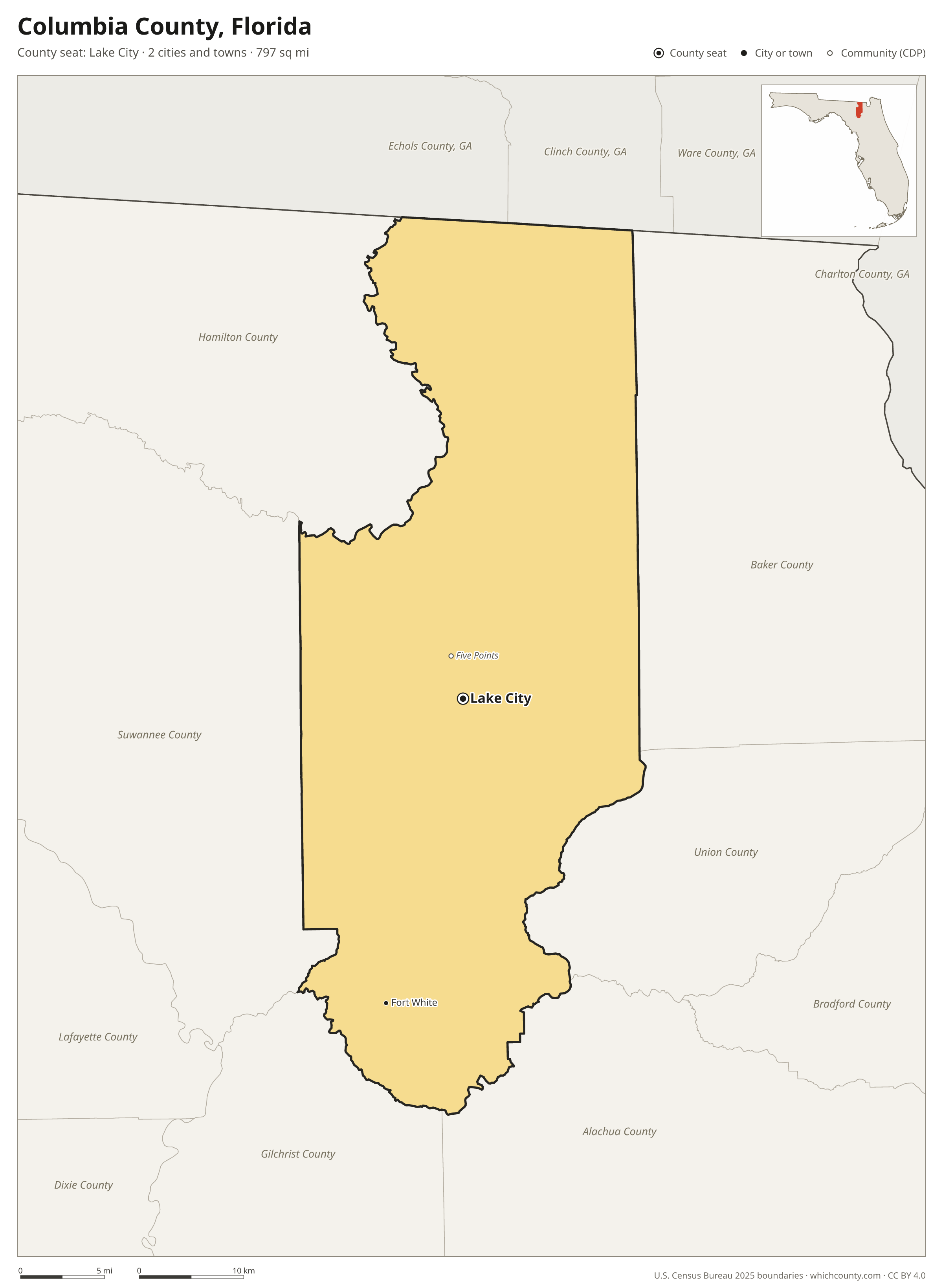 Map of Columbia County, Florida with cities, towns and the county boundary