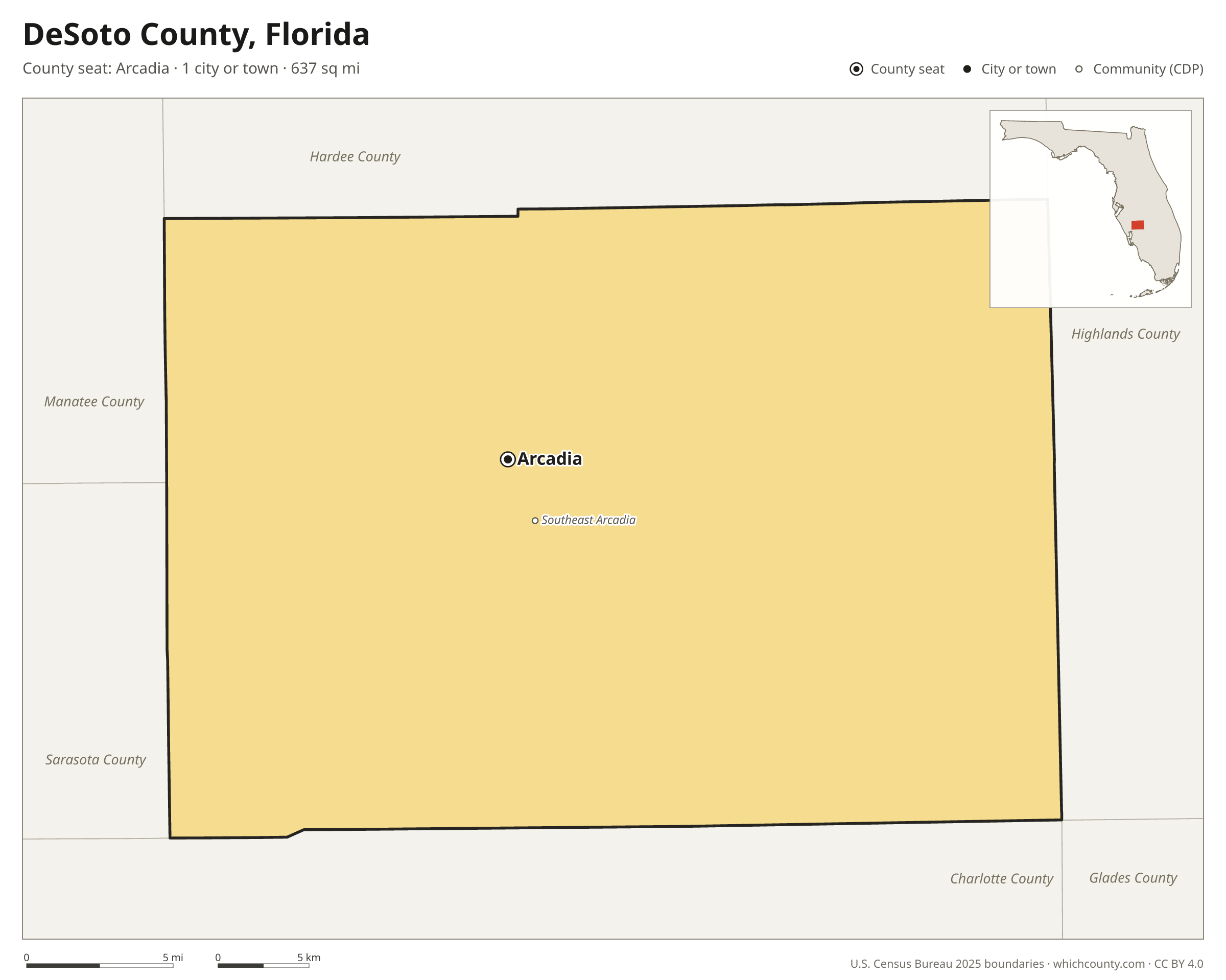 Map of DeSoto County, Florida with cities, towns and the county boundary