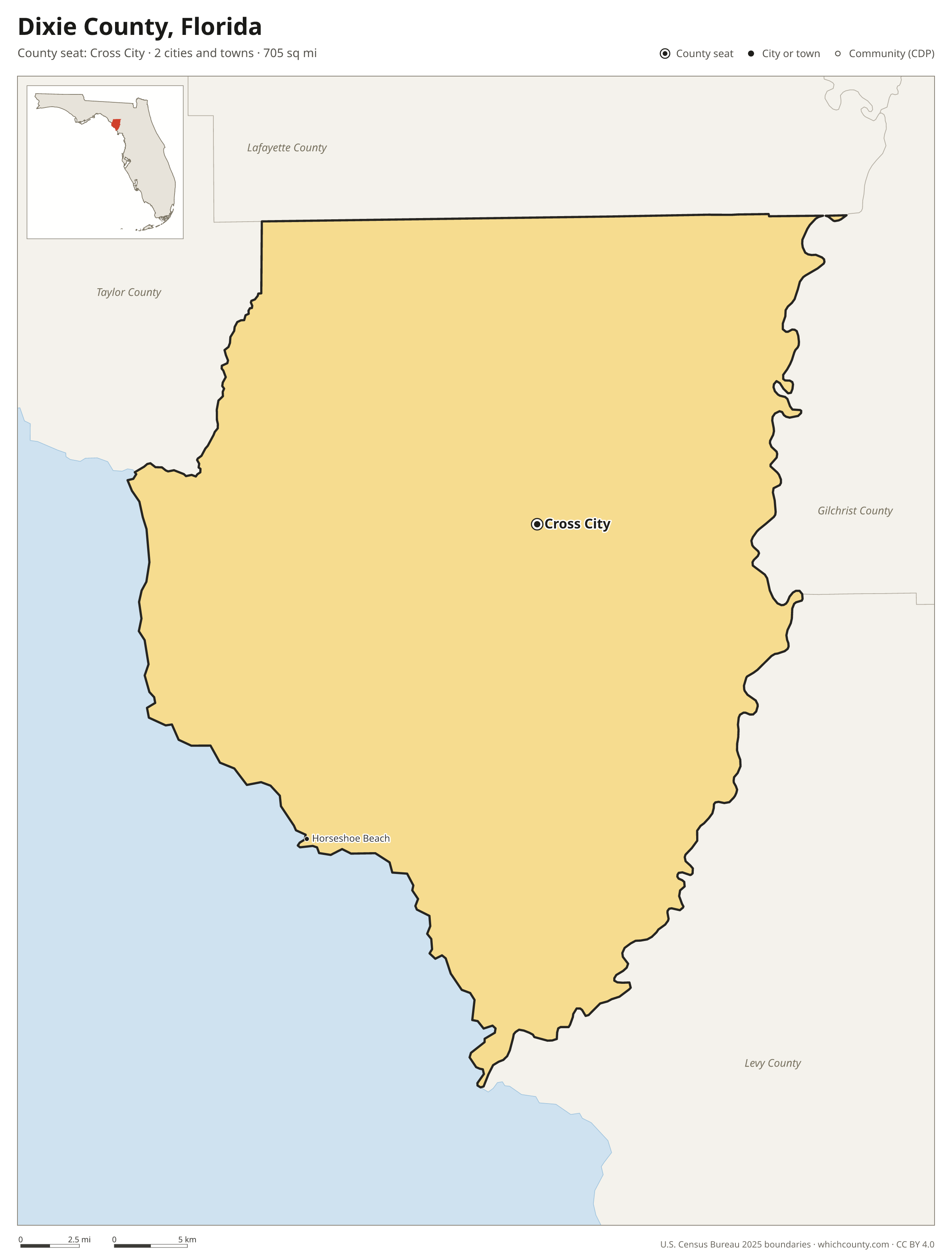Map of Dixie County, Florida with cities, towns and the county boundary