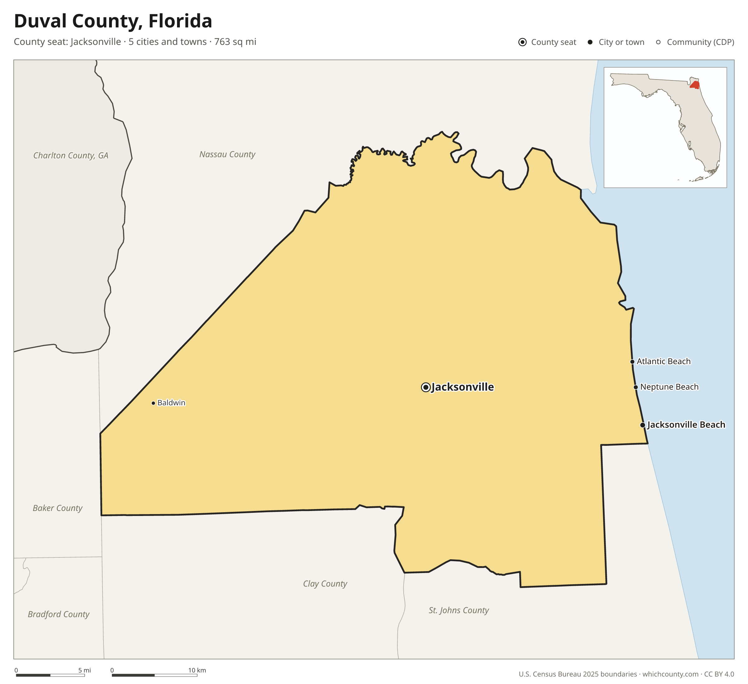 Map of Duval County, Florida with cities, towns and the county boundary