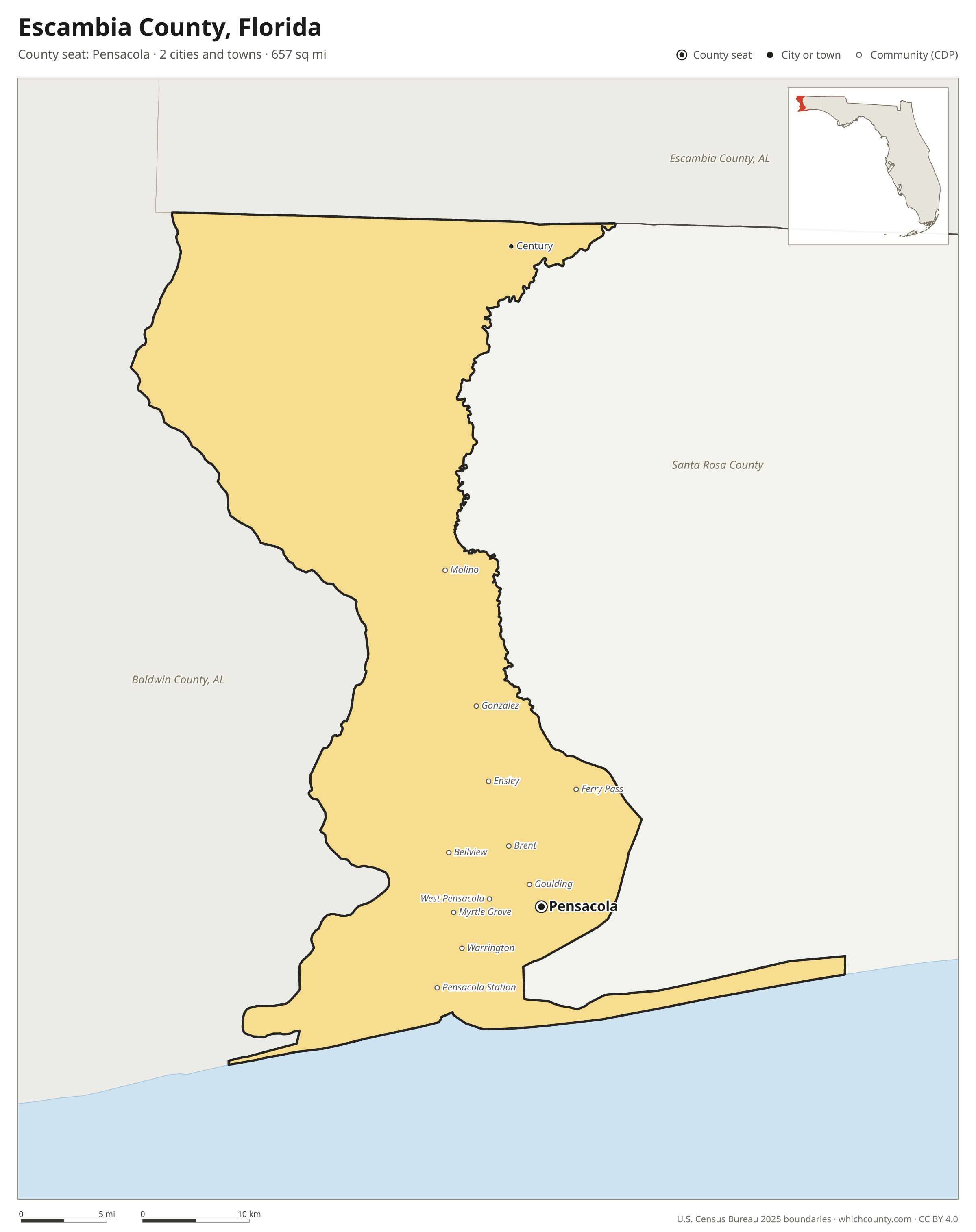 Map of Escambia County, Florida with cities, towns and the county boundary