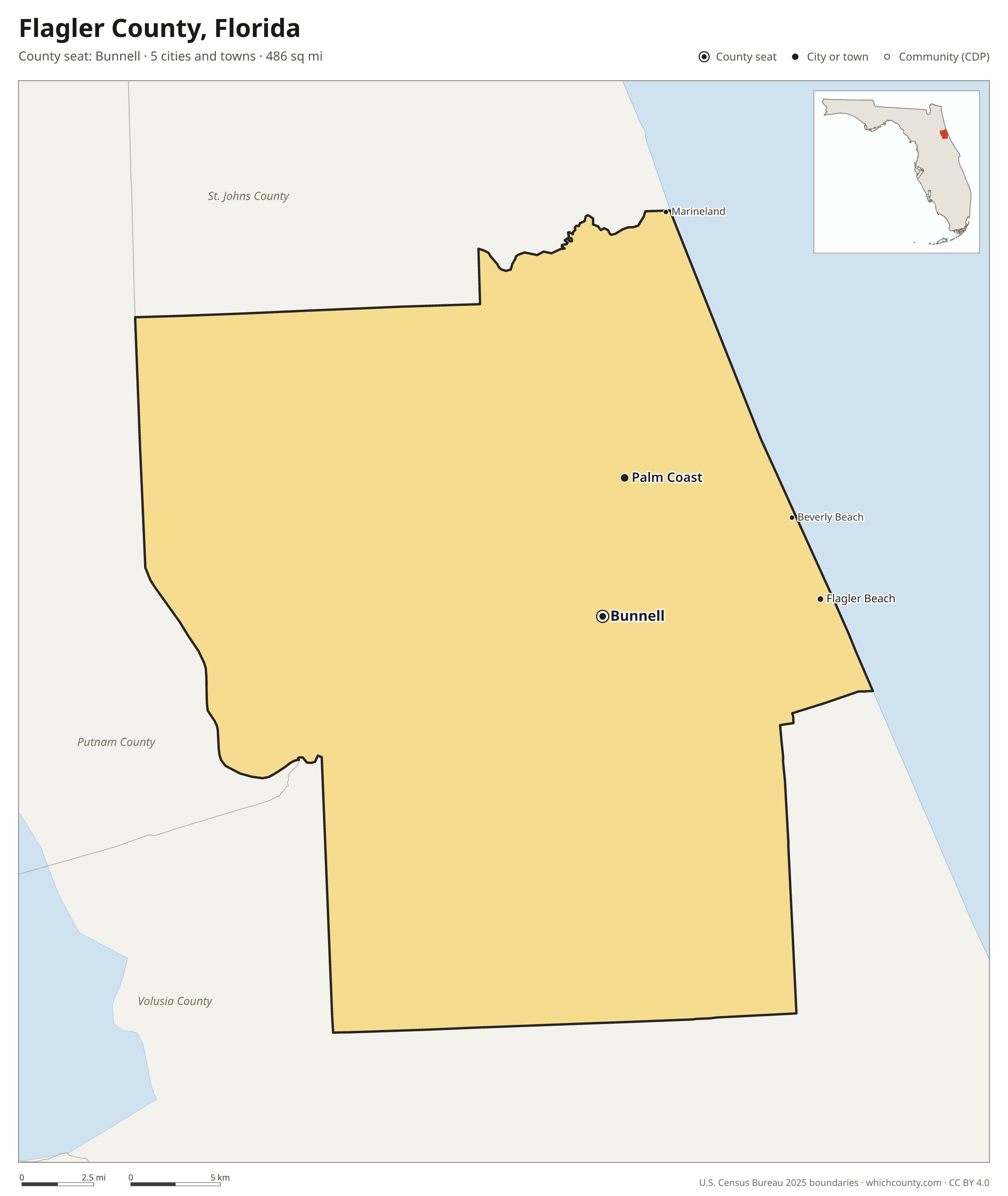 Map of Flagler County, Florida with cities, towns and the county boundary
