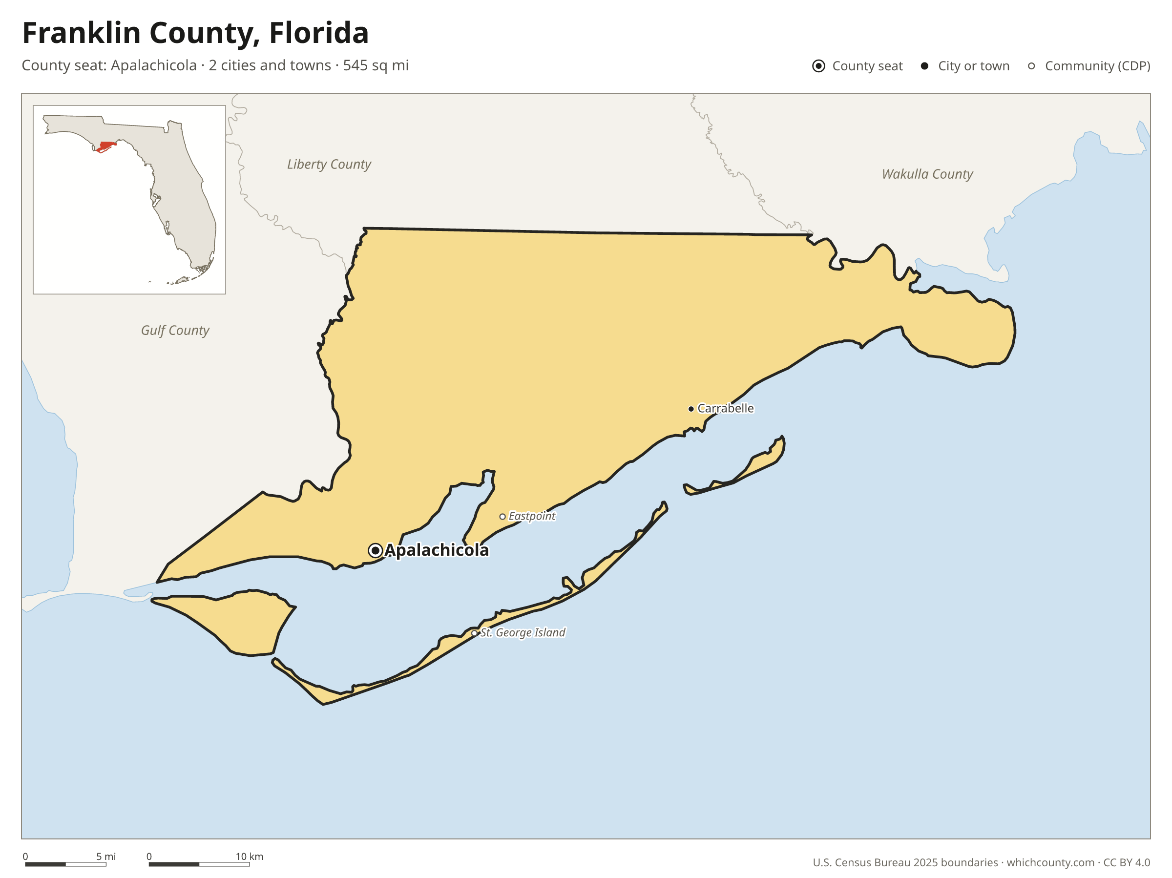 Map of Franklin County, Florida with cities, towns and the county boundary