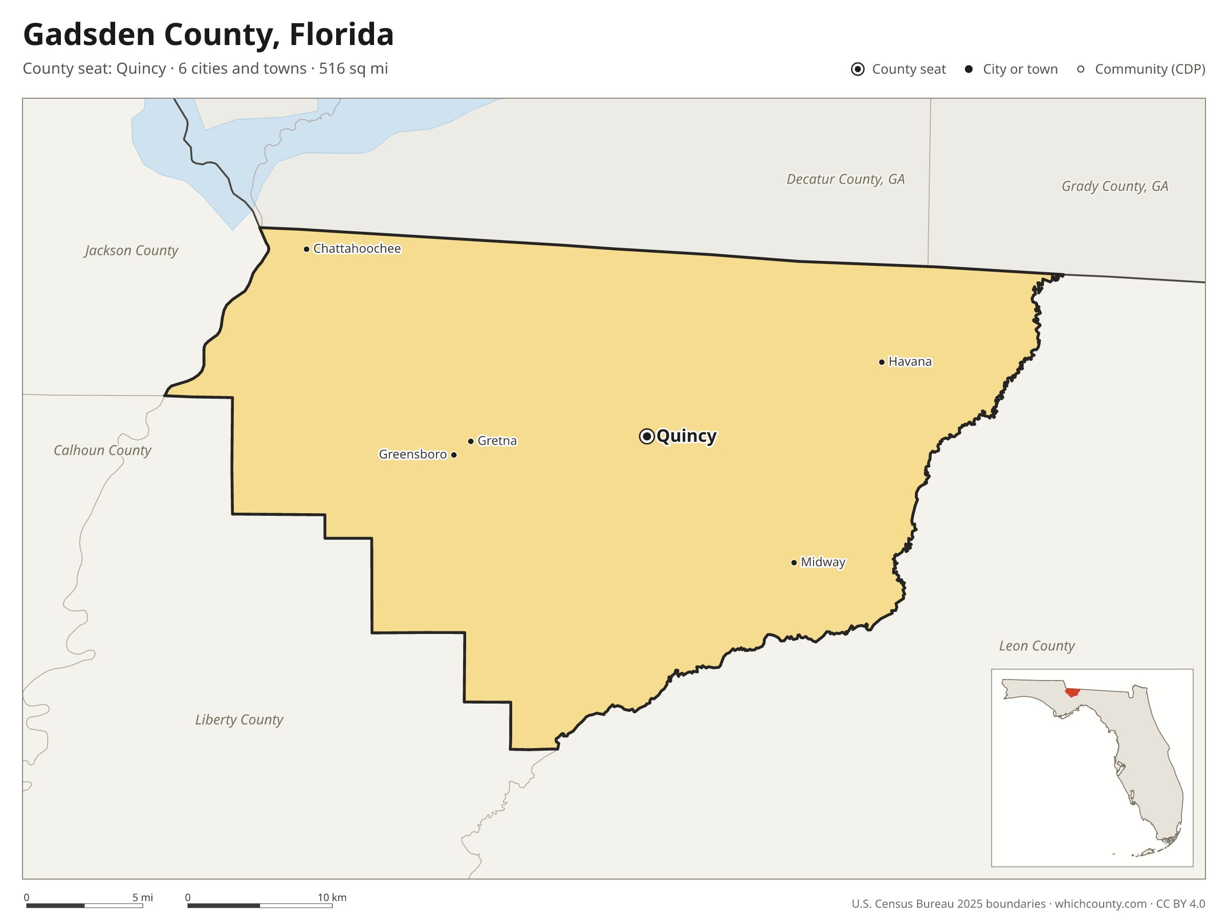 Map of Gadsden County, Florida with cities, towns and the county boundary